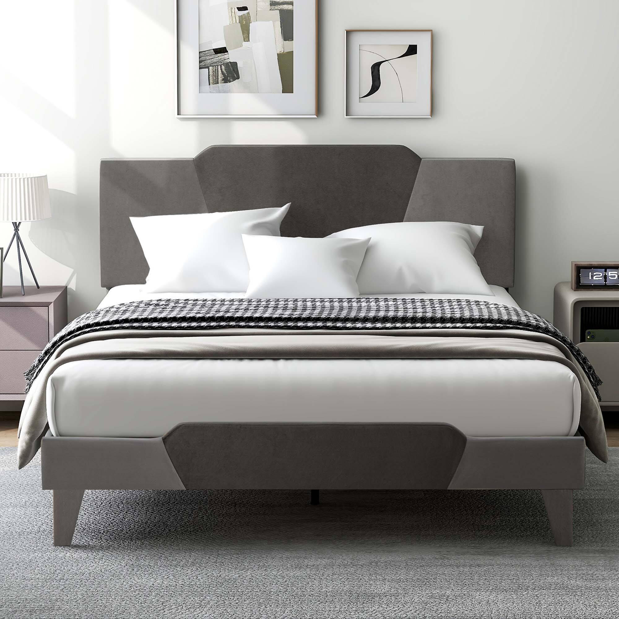 Alt View 3. Costway - Costway Queen Size Upholstered Platform Bed Frame Velvet Headboard Mattress Foundation - Gray.