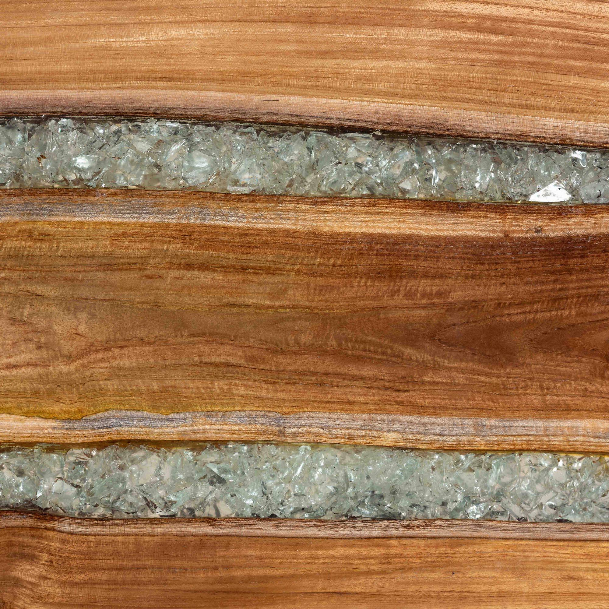 Alt View 2. bali & pari - Apio Wood Epoxy Resin Coffee Table with Glass Inlay - Rectangular Live Edge Teak wood with Black Metal Base - Natural Brown/White/Black.