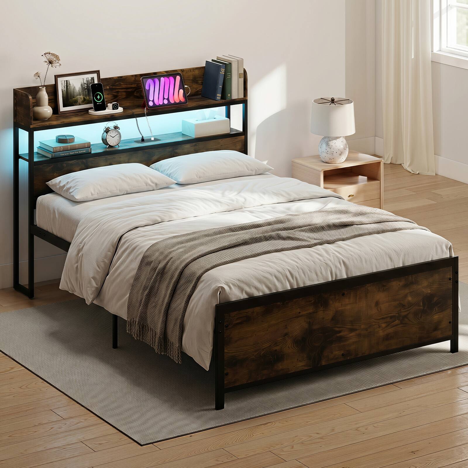 Alt View 3. Costway - Costway Queen Bed Frame with LED Lights Power Outlets Storage Headboard Metal Slat Support - Rustic Brown.