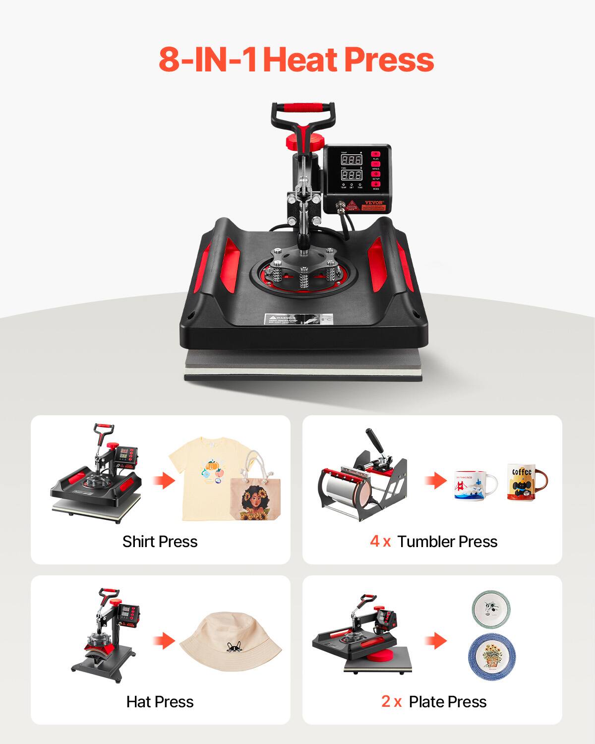 8-IN-1 Heat Press

- FEVOR
- SHIP
- Coffee
- Shirt Press
- 4x Tumbler Press
- Hat Press
- 2x Plate Press