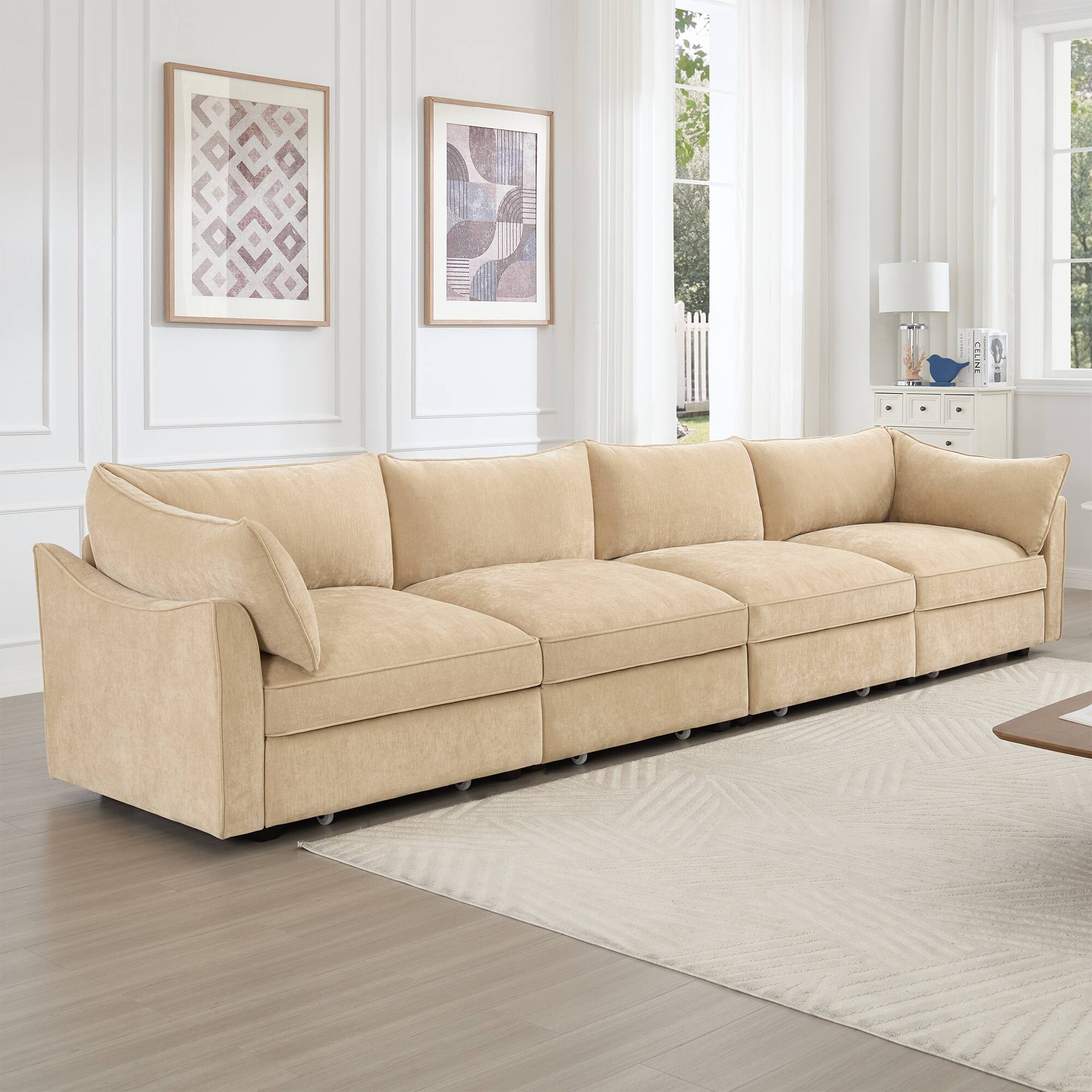 Angle. Aukfa - 4-Seater Sofa with Pull-Out Drawers - Crescent-Shaped Armrests, Chenille Fabric, Wraparound Cushions - Hazelwood.