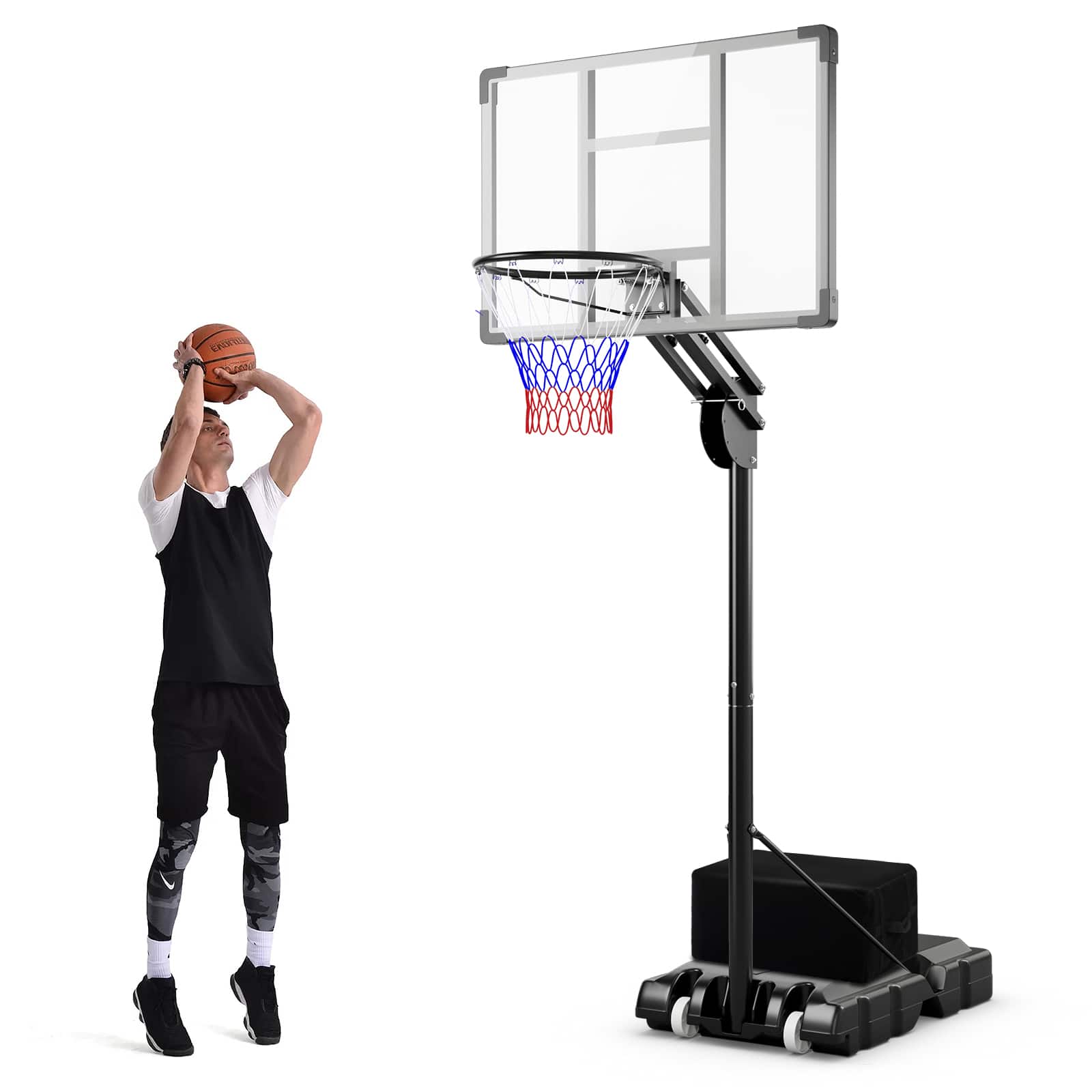 Ecooso - Portable Basketball Hoop with 4.9–10 ft Adjustable Height and Shatterproof Backboard - Black