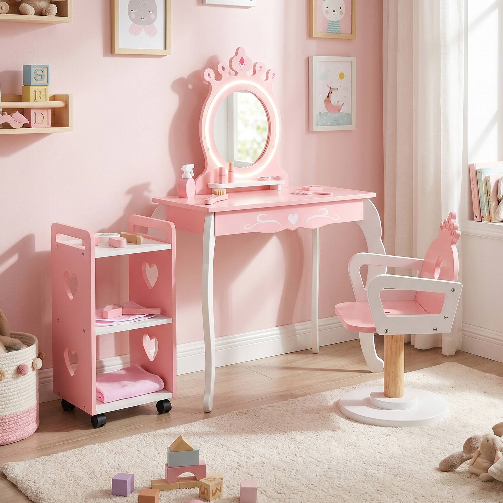 Alt View 1. Costway - Costway Kids Hair Salon Play Set with LED Lighted Mirror, Swivel Barber Chair, Rolling Cart - Pink + White.