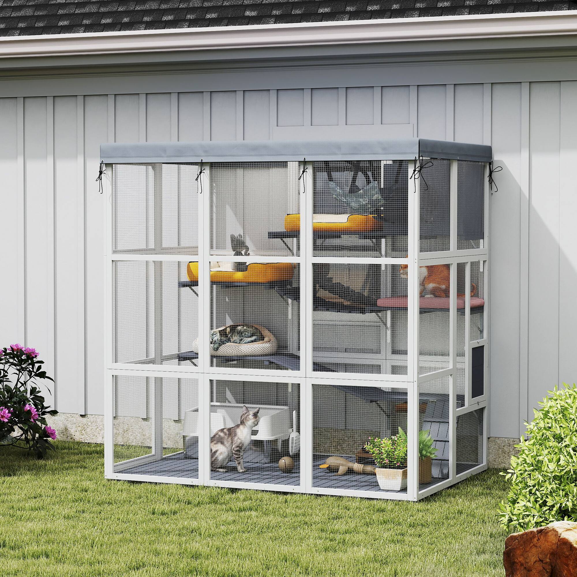 Angle. Pawhut - Catio Outdoor Enclosure, Luxury, Hammock, Jump Platforms, Ladders, Ramps, Tarp, for 2-4 Large Cats, 71".