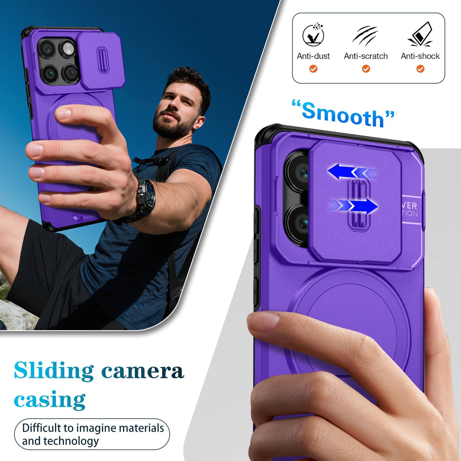 Anti-dust  
Anti-scratch  
Anti-shock  
"Smooth"  
Sliding camera casing  
Difficult to imagine materials and technology