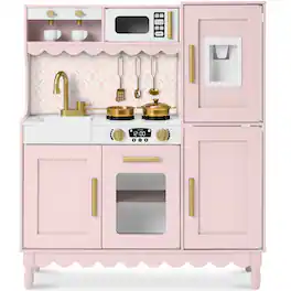 Best Choice Products - Wooden Cottage Kids Pretend Play Kitchen with 11 Accessories, Espresso Machine - Pink