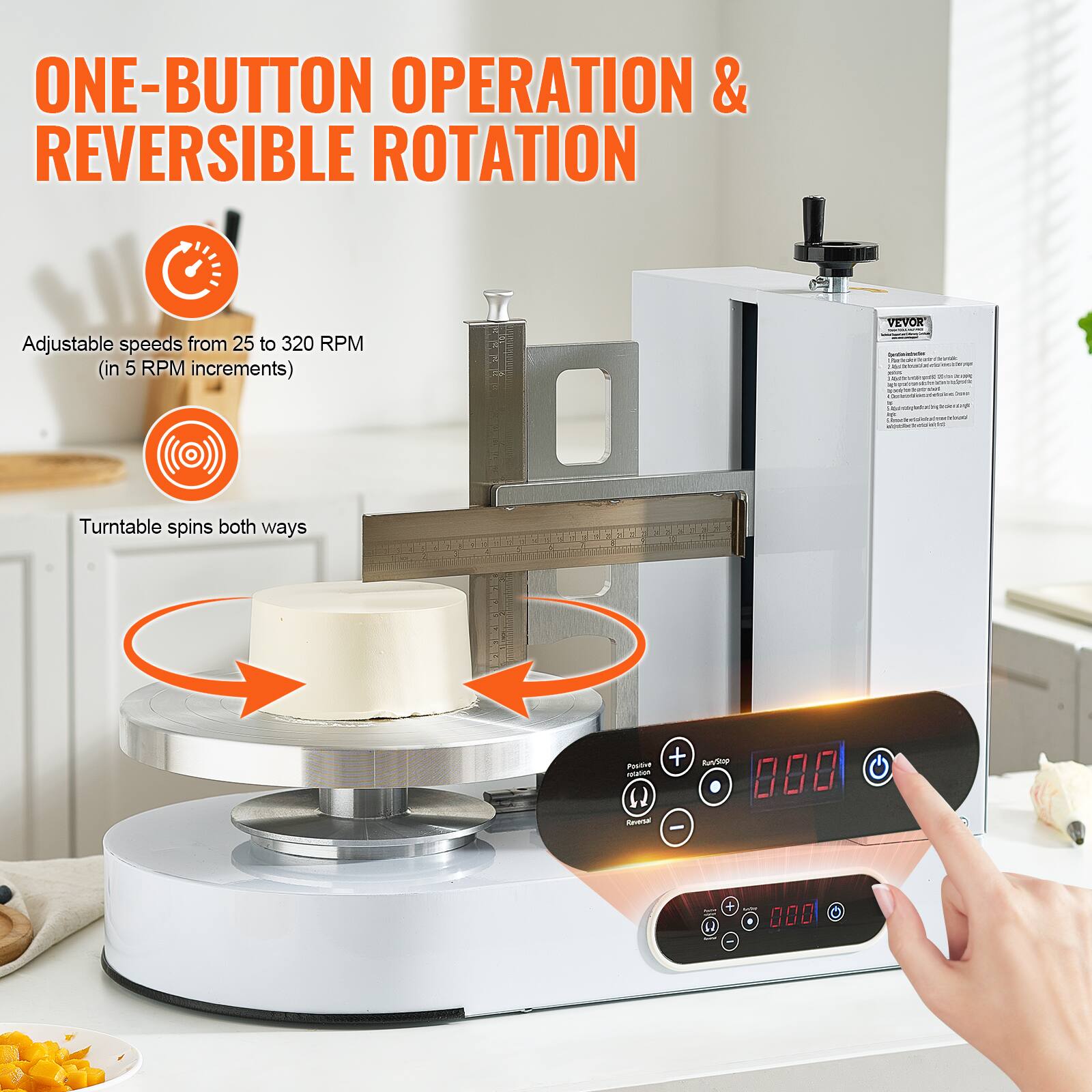 ONE-BUTTON OPERATION & REVERSIBLE ROTATION

Adjustable speeds from 25 to 320 RPM (in 5 RPM increments)

Turntable spins both ways