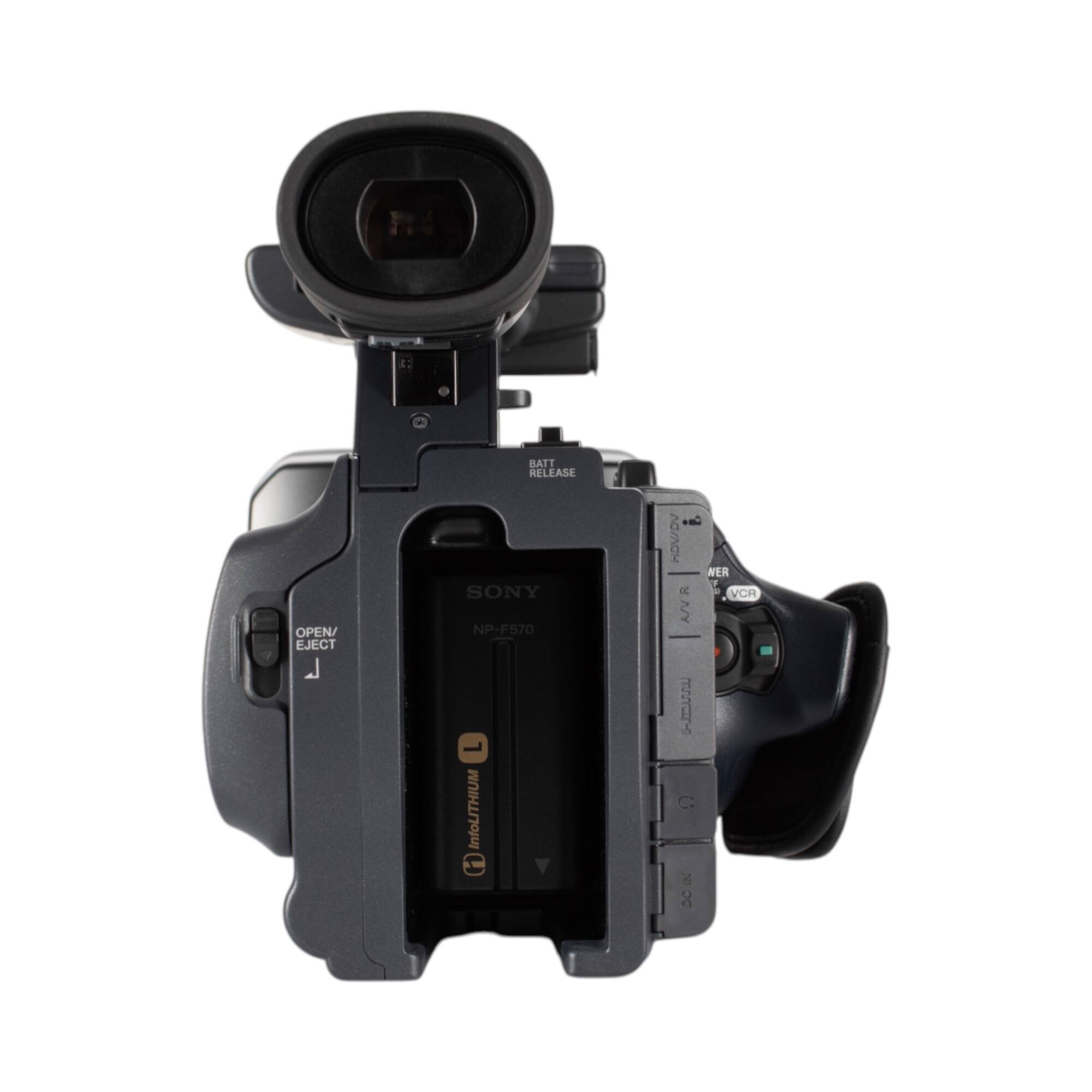 - BATT RELEASE OPEN/EJECT  
SONY NP-F570  
InfoLITHIUM  
- HOVDV NER  
VCR A/V  
C: 4 SC