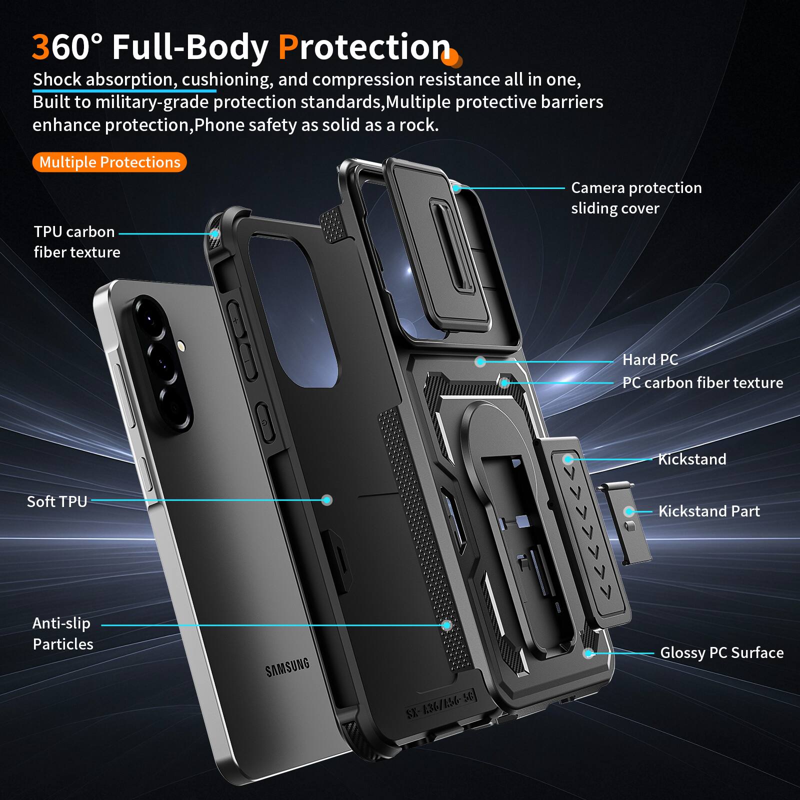 360° Full-Body Protection  
Shock absorption, cushioning, and compression resistance all in one, Built to military-grade protection standards, Multiple protective barriers enhance protection, Phone safety as solid as a rock.  

Multiple Protections  
- TPU carbon fiber texture  
- Camera protection sliding cover  
- Hard PC PC carbon fiber texture  
- Soft TPU  
- Kickstand  
- Kickstand Part  
- Anti-slip Particles  
- Glossy PC Surface