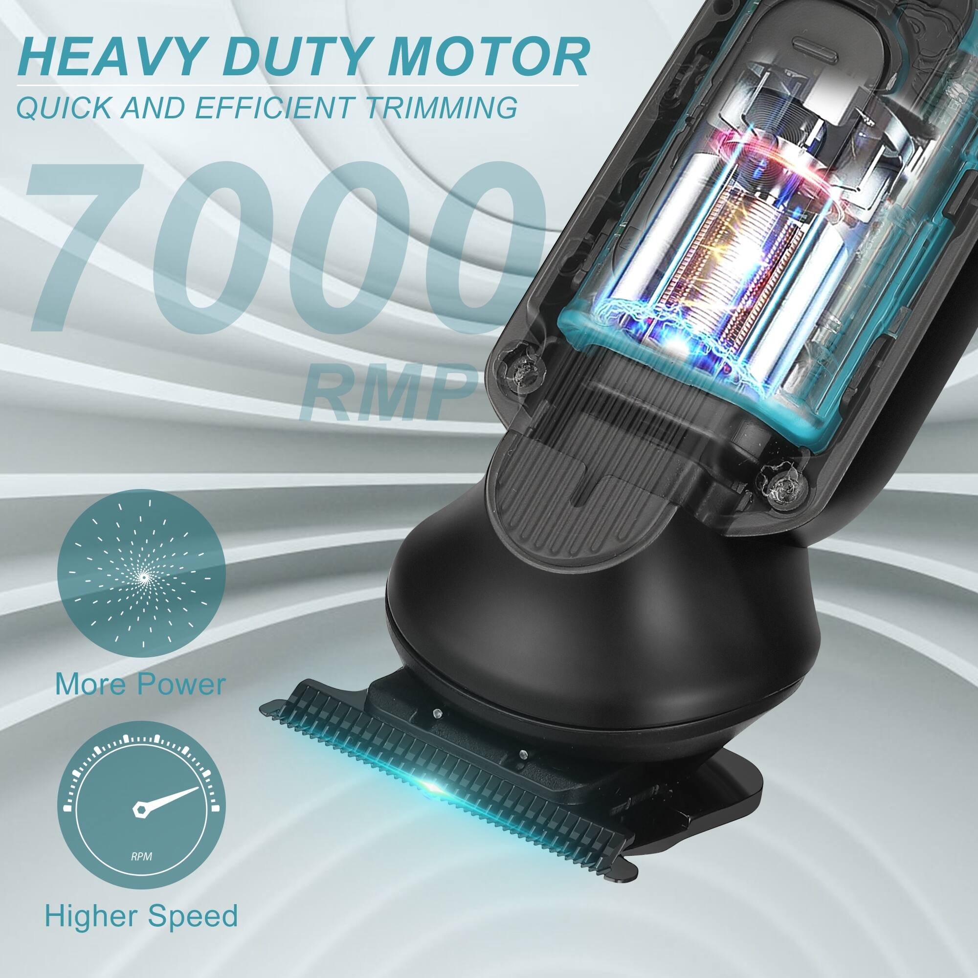 HEAVY DUTY MOTOR  
QUICK AND EFFICIENT TRIMMING  
7000 RPM  

More Power  
Higher Speed