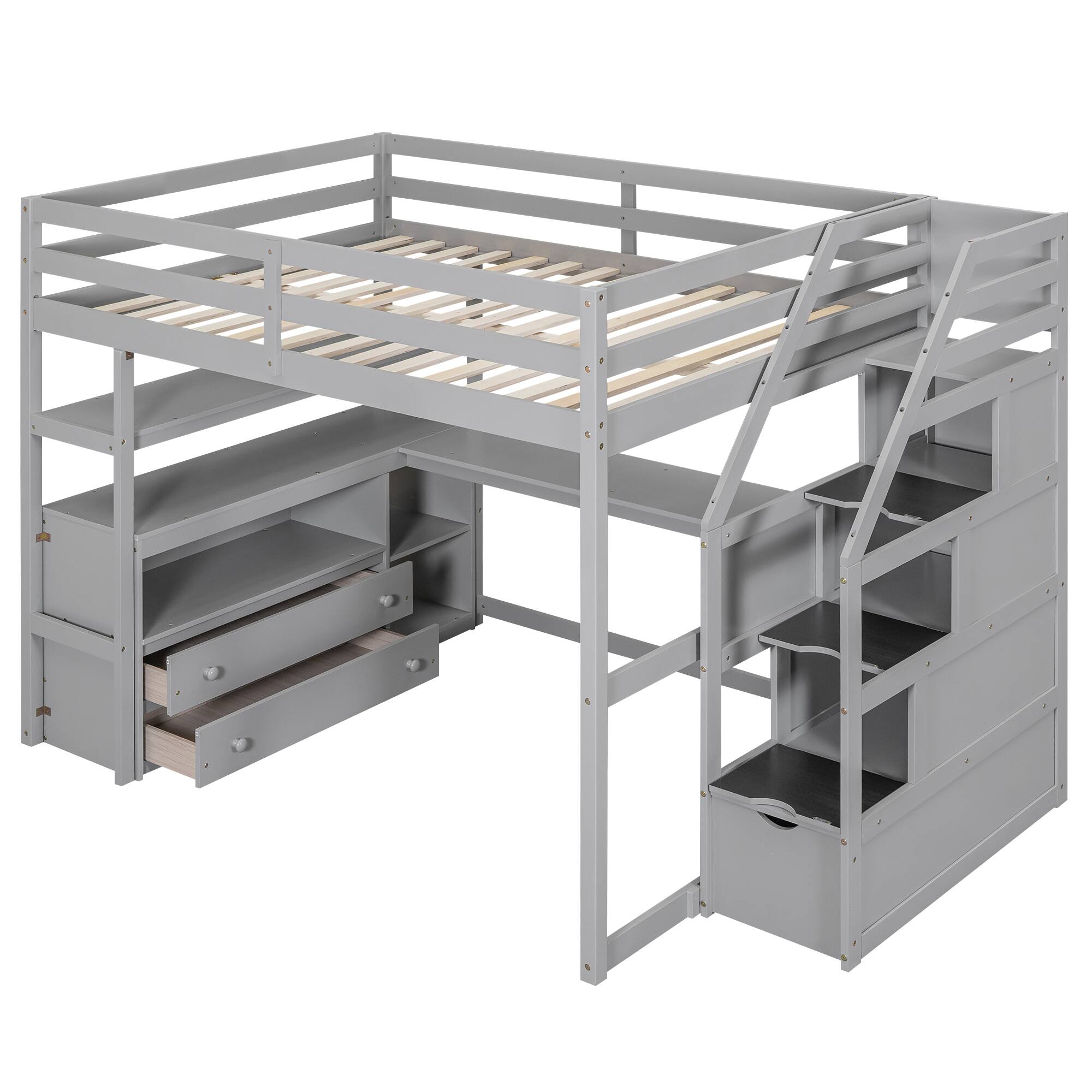 Alt View 6. Tiramisubest - Full Size Gray Loft Bed with Desk, Shelves, 2 Drawers & Storage Staircase, Pine - Gray.
