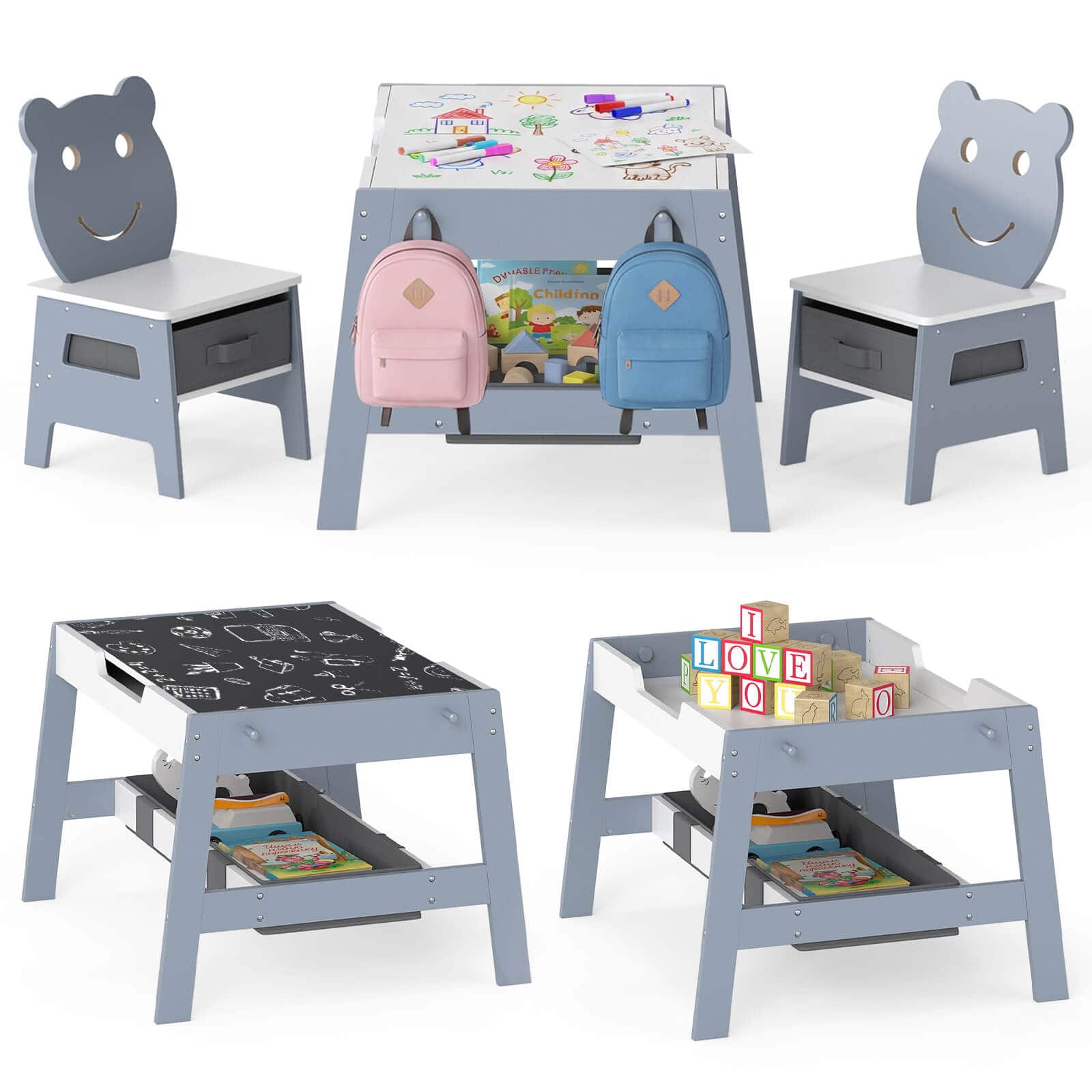 Costway - 5-in-1 Kids' Table & Chair Set with Chalkboard, Whiteboard, 3 Storage Bins, 4 Hooks - Gray,White price history on PriceWatchPro