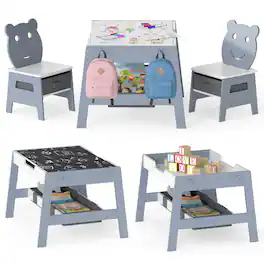 Costway - 5-in-1 Kids' Table & Chair Set with Chalkboard, Whiteboard, 3 Storage Bins, 4 Hooks - Gray,White