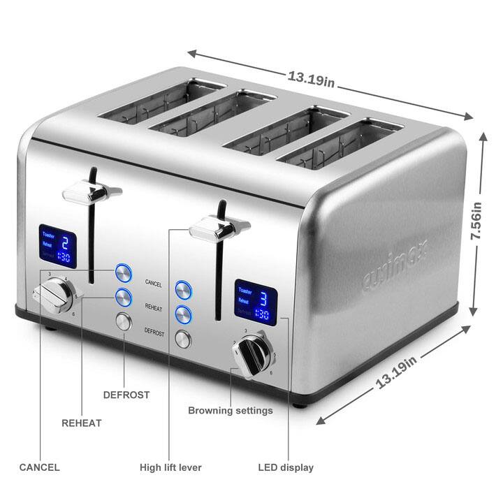 13.19in x 7.56in

Toaster Oven

- CANCEL
- REHEAT
- DEFROST
- Browning settings
- High lift lever
- LED display

Toaster Racks: 2

Browning settings: 3:30

LED display: 3:30