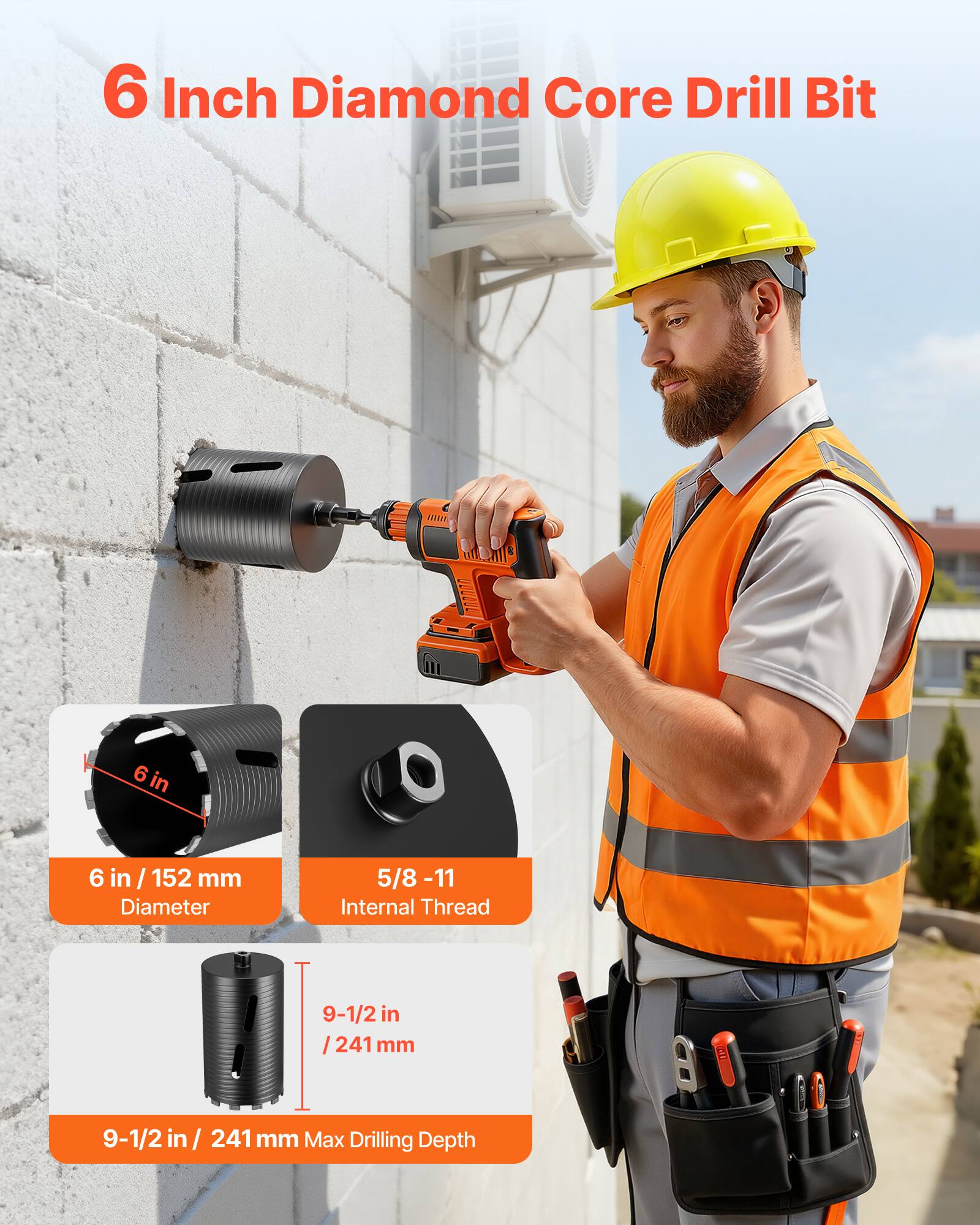 6 Inch Diamond Core Drill Bit

- 6 in / 152 mm Diameter
- 5/8 - 11 Internal Thread
- 9-1/2 in / 241 mm Max Drilling Depth