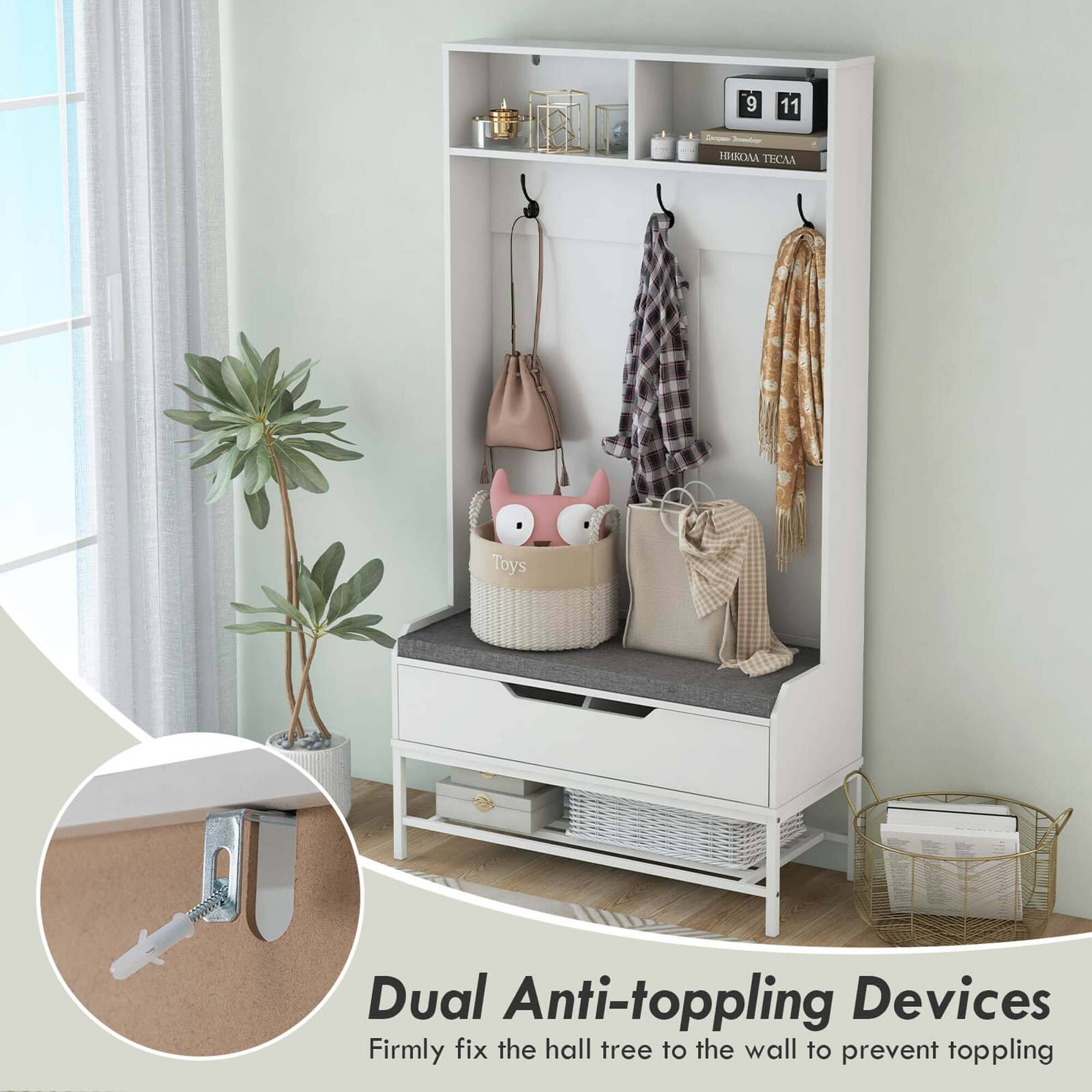 Dual Anti-toppling Devices  
Firmly fix the hall tree to the wall to prevent toppling