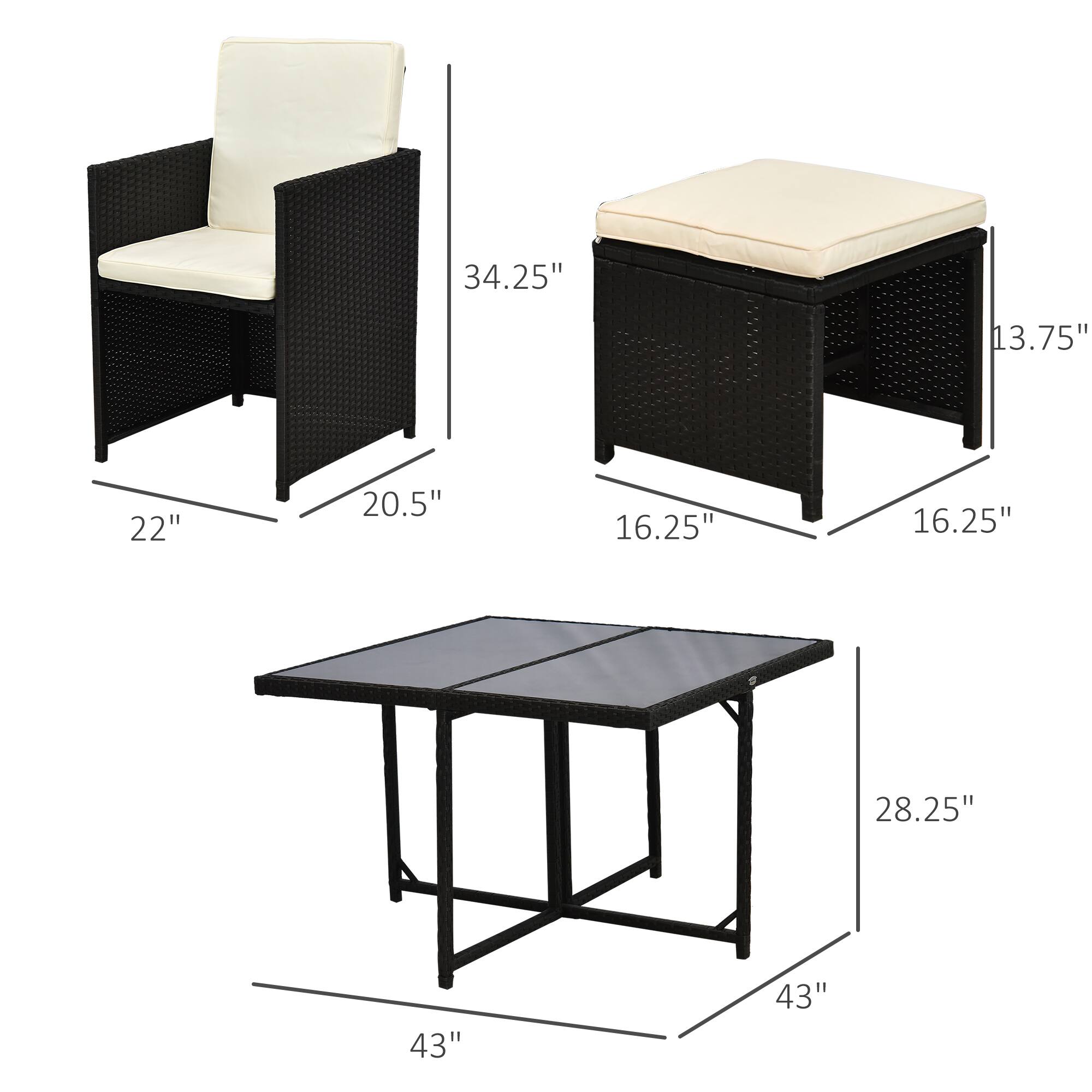 34.25" 22" 20.5" - Chair
13.75" 16.25" 16.25" - Ottoman
28.25" 43" 43" - Table