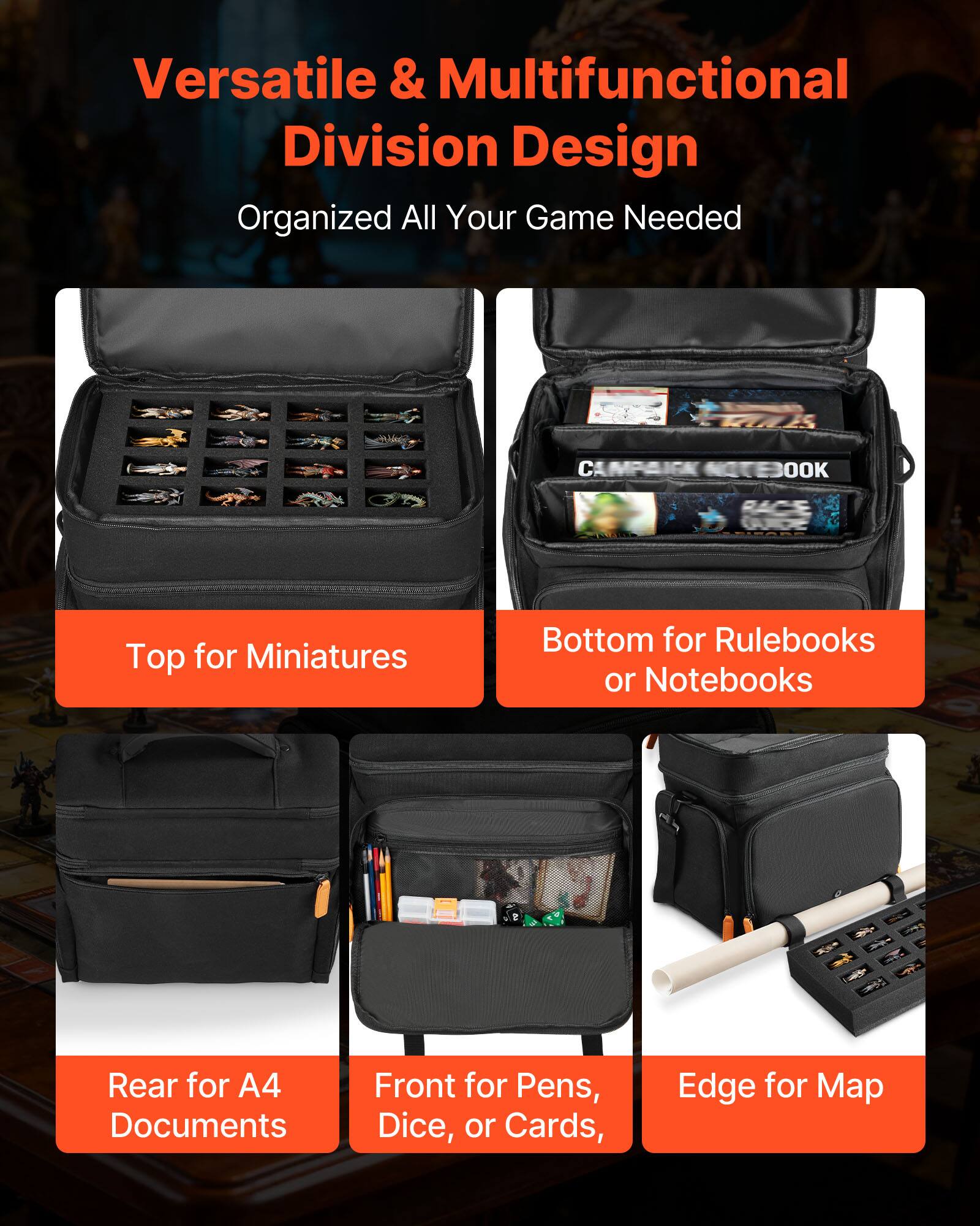 Versatile & Multifunctional Division Design  
Organized All Your Game Needed  

Top for Miniatures  
Bottom for Rulebooks or Notebooks  
Rear for A4 Documents  
Front for Pens, Dice, or Cards  
Edge for Map