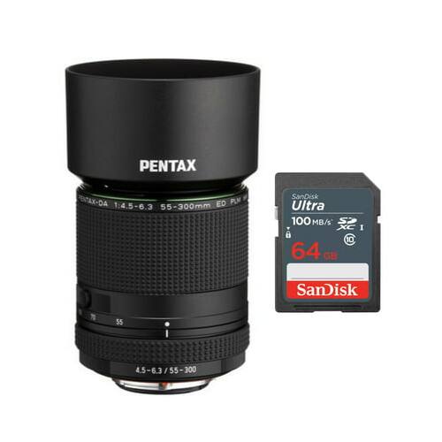 PENTAX  
PENTAX-DA ED PLM 1:4.5-6.3 - 55-300mm  

SanDisk Ultra 100 MB/s  
XC I  
64 GB  

45-6.3 / 55-300