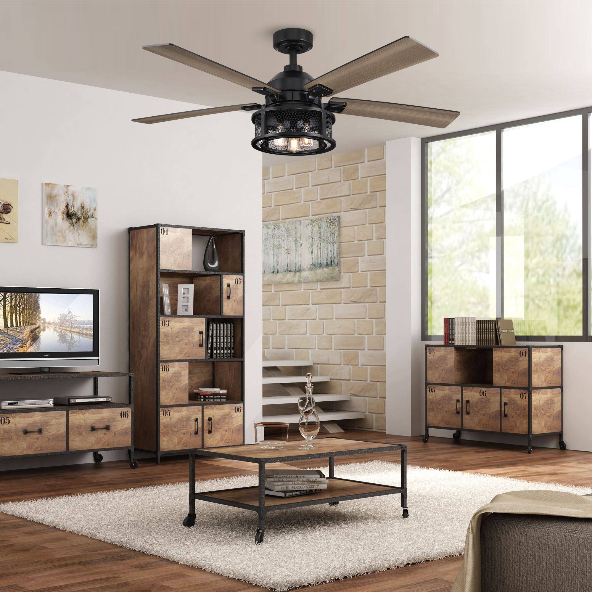 Left. Parrot Uncle - 52" Industrial Reversible Wood 5-Blade Black Ceiling Fan with Light and Remote - Black.