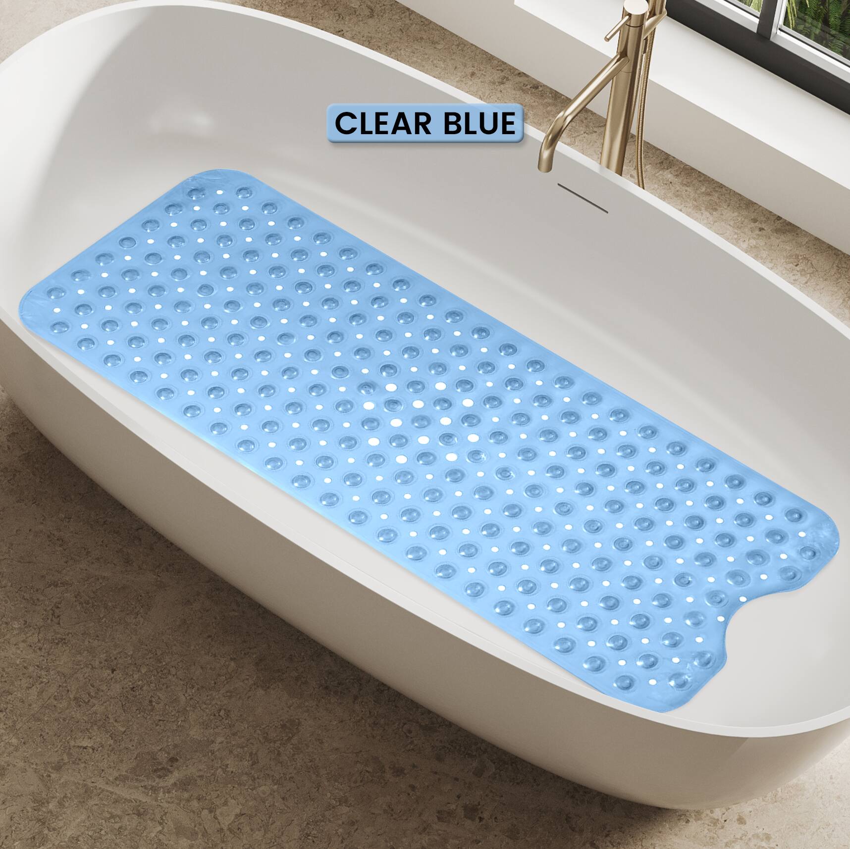 Lux Decor Collection - Bath Tub Mat 40x16 Inch Non-Slip, Quick-Dry Shower Mat with Suction Cups, Machine Washable Bathroom Safety Mat - Clear Blue