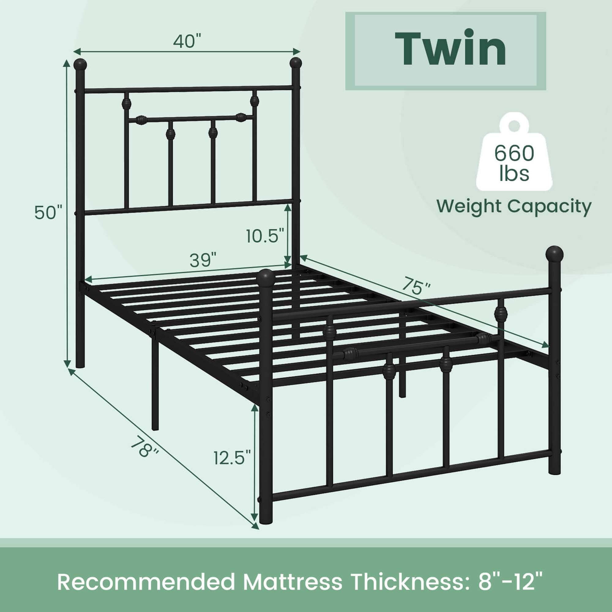 The text on the image is grouped and corrected as follows:

"Twin" is the name of the bed frame, and it is designed for a twin mattress. The dimensions of the bed frame are 40" x 75" x 12.5". The weight capacity of the bed frame is 660 lbs. The recommended mattress thickness for this bed frame is 8"-12".
