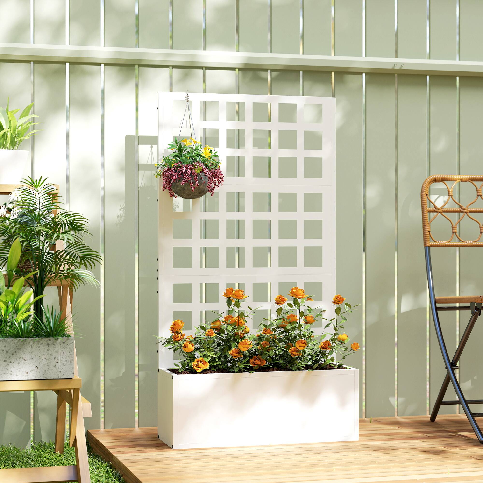 Alt View 1. Outsunny - Galvanized Raised Garden Bed with Trellis, Metal Planter Box with Drainage Holes, Outdoor Privacy Screen.