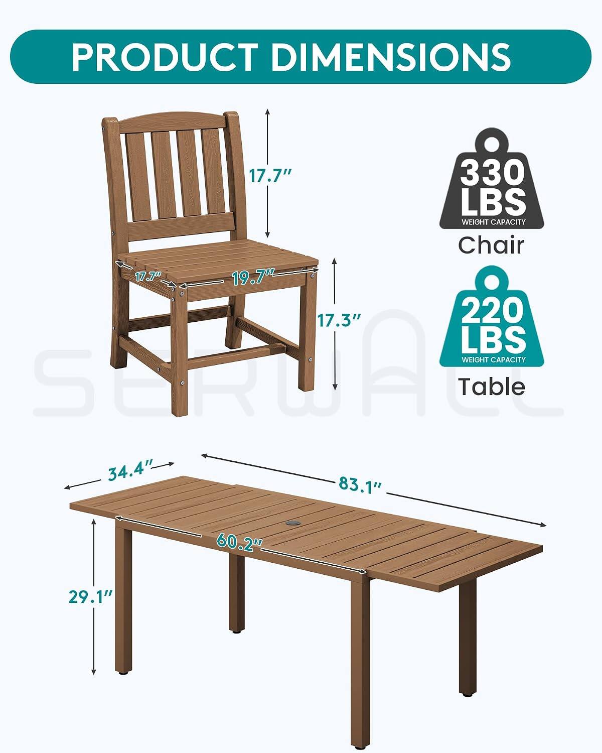 PRODUCT DIMENSIONS

Chair
- 17.7" (height)
- 19.7" (width)
- 17.3" (depth)
- 330 LBS WEIGHT CAPACITY

Table
- 34.4" (width)
- 83.1" (length)
- 60.2" (depth)
- 29.1" (height)
- 220 LBS WEIGHT CAPACITY