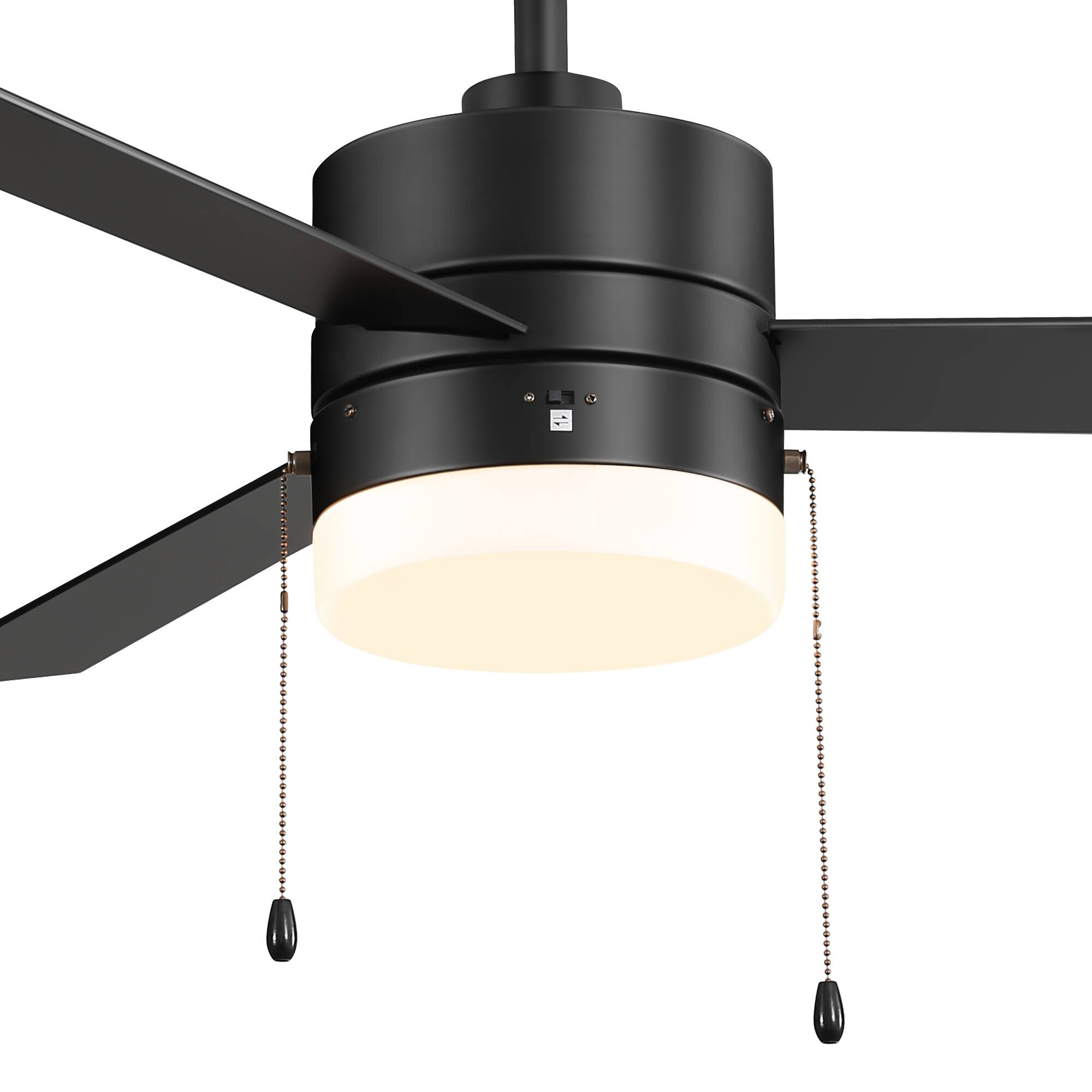 Left. Breezary - 52" Indoor Large Ceiling Fan with Led Light and Pull Chain, 3 Reversible Blades, 3-Speed AC Motor,  6" Downrod - Matte Black.