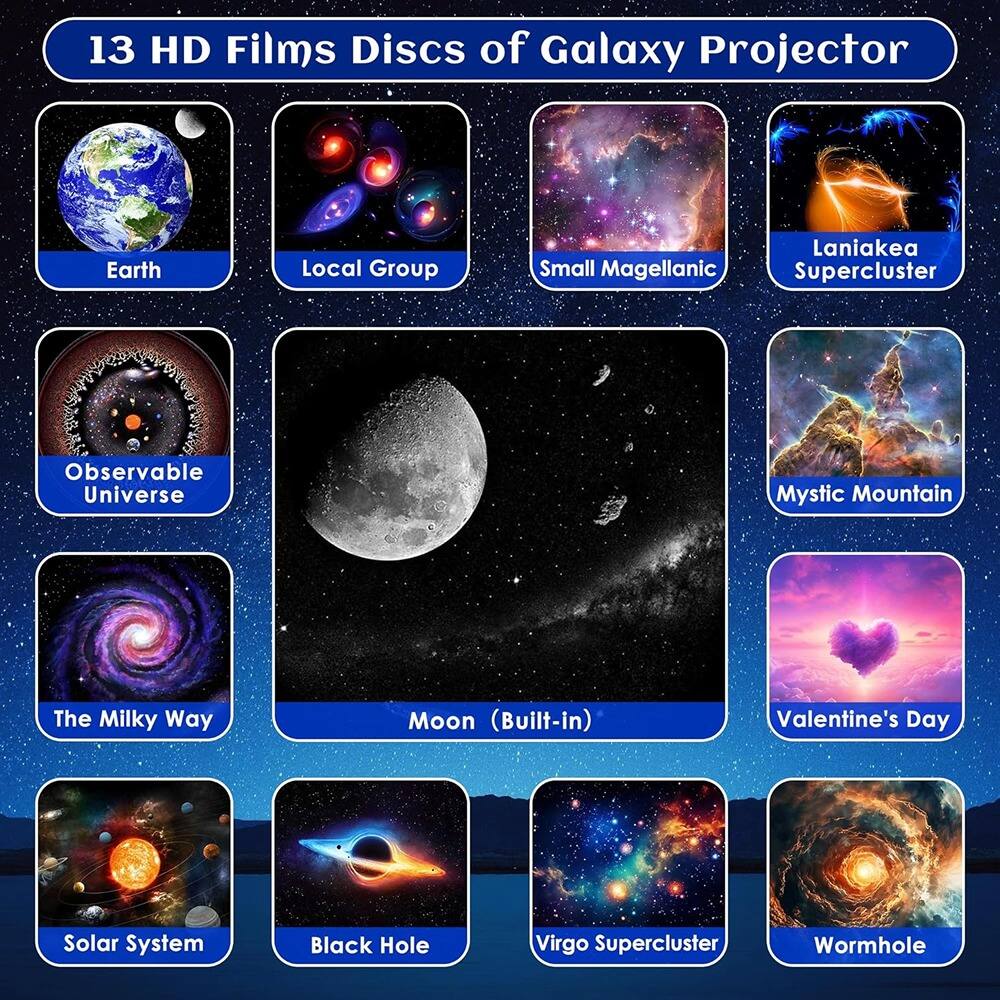 13 HD Films Discs of Galaxy Projector

- Earth
- Local Group
- Small Magellanic
- Laniakea Supercluster
- Observable Universe
- Mystic Mountain
- The Milky Way
- Moon (Built-in)
- Valentine's Day
- Solar System
- Black Hole
- Virgo Supercluster
- Wormhole