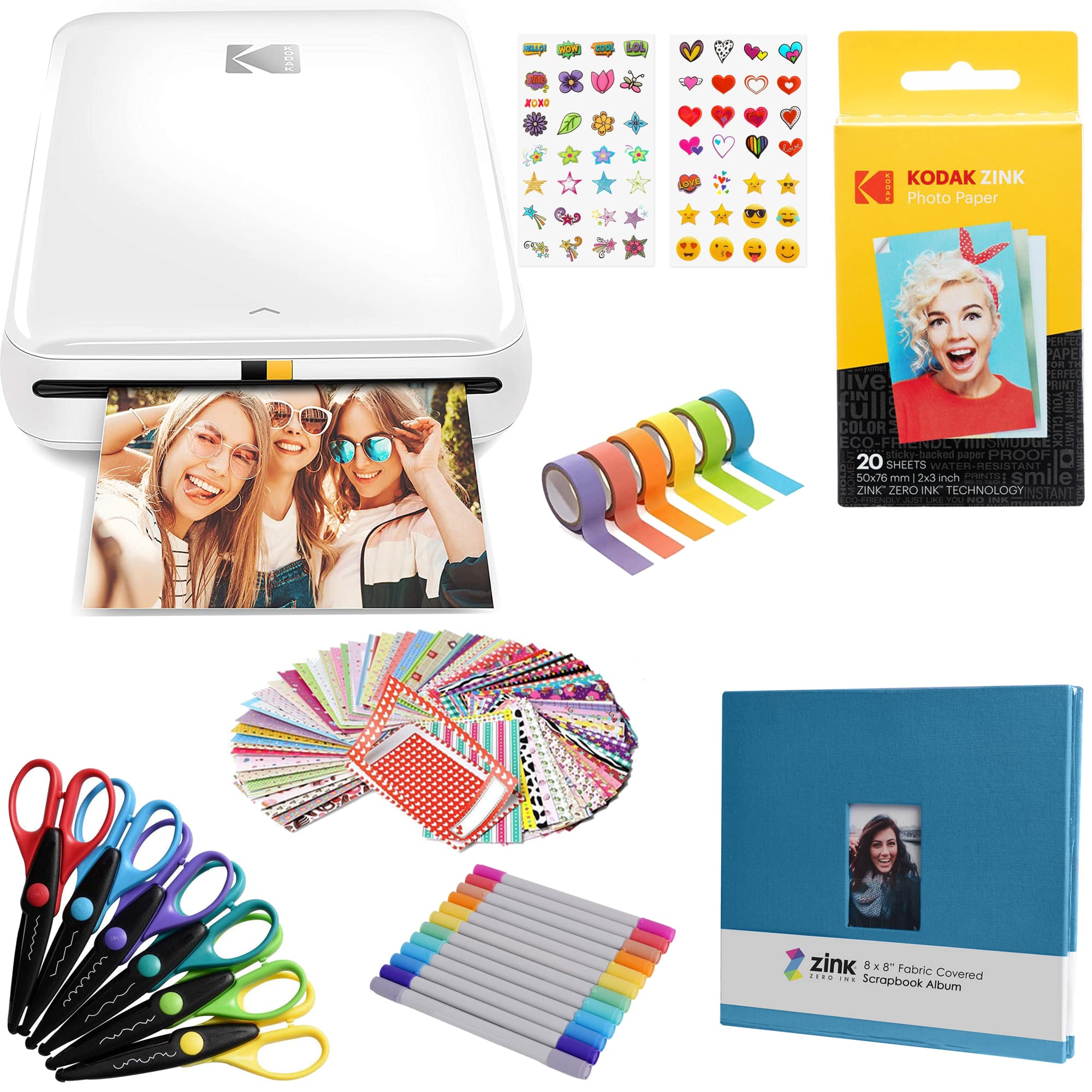 Kodak - Step Mobile Instant Photo Printer 2x3" & Scrapbook Bundle for iOS & Android - White