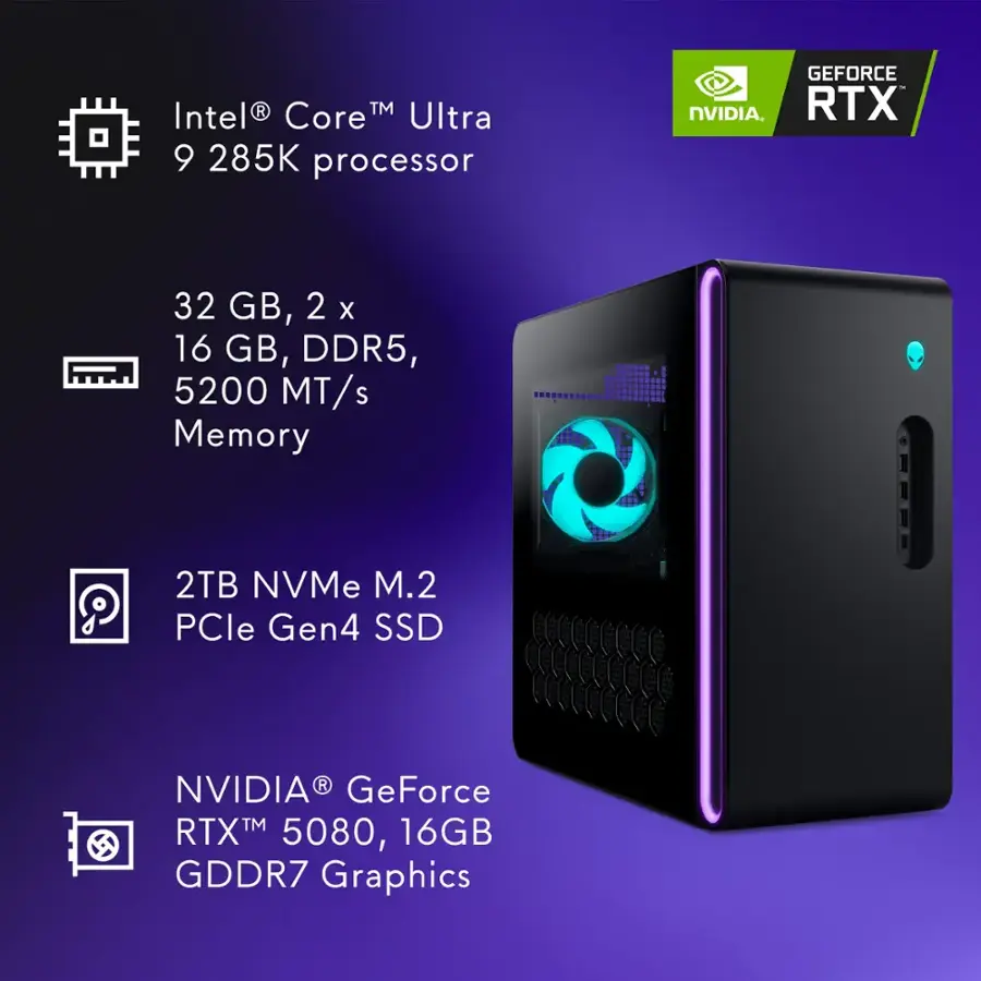 The image features a computer with a purple case and a blue light inside. The computer is described as having an Intel Core Ultra 9 285K processor, 32 GB of memory, 2TB NVMe M.2 PCle Gen4 SSD, and a GeForce NVIDIA RTX 3080, 16GB GDDR7 Graphics. The image also shows a close-up of the computer's case and a side view of the computer.