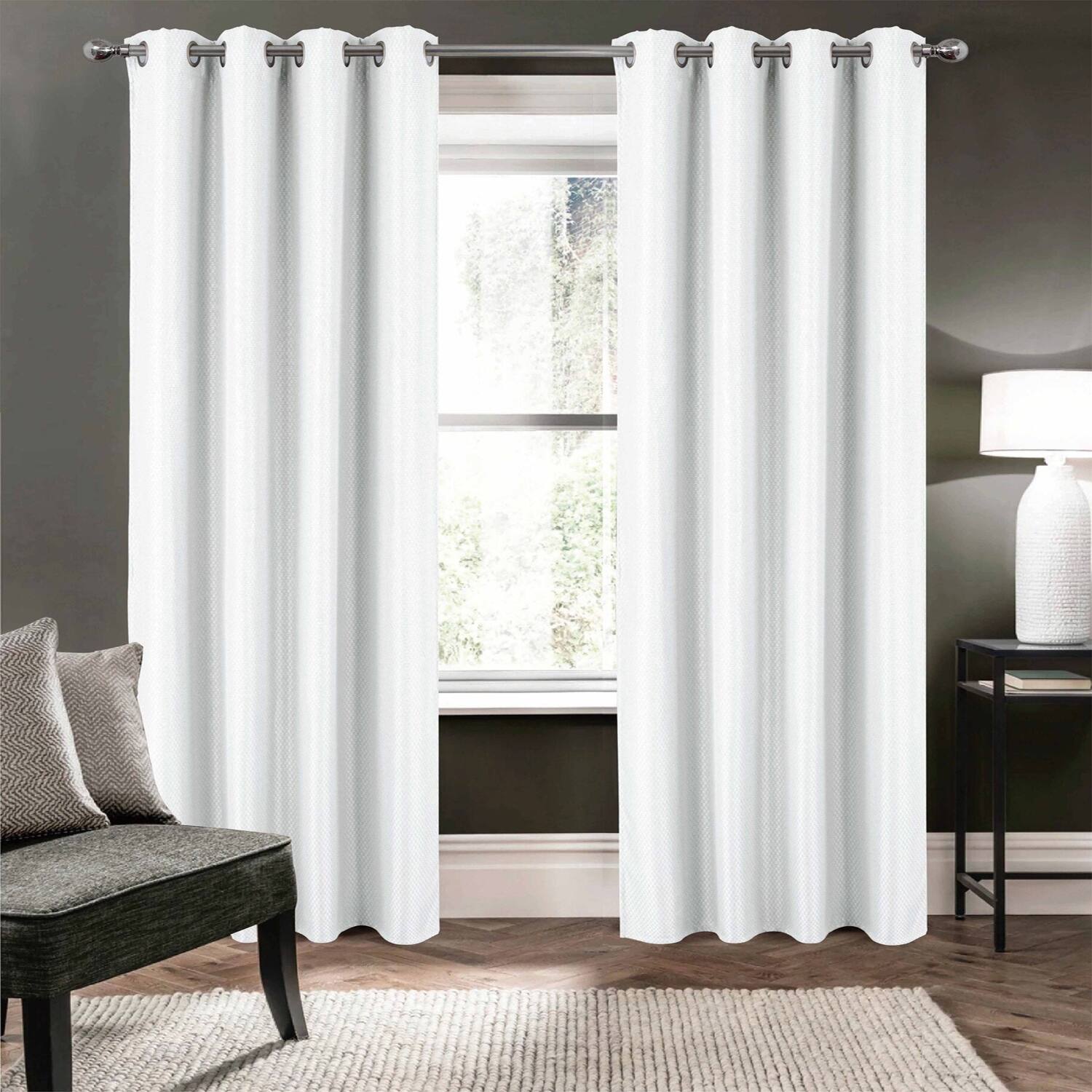 Angle. Olivia Gray - Olivia Gray 100% Polyester 250 GSM Basket Weave Ian Luxury Jacquard Blackout Grommet Curtain Panel 54" x 90" White - White.