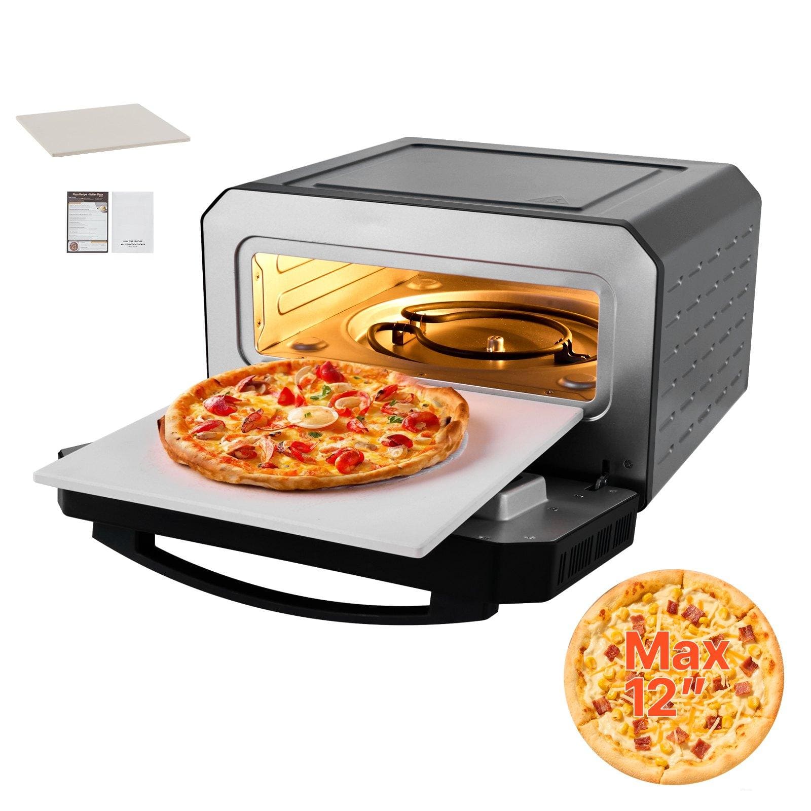 Glintex - 12in Electric Pizza Oven Smart Maker, 5 Presets, Touch Screen, 750°F Max Temp for Home Use - Black/Silver