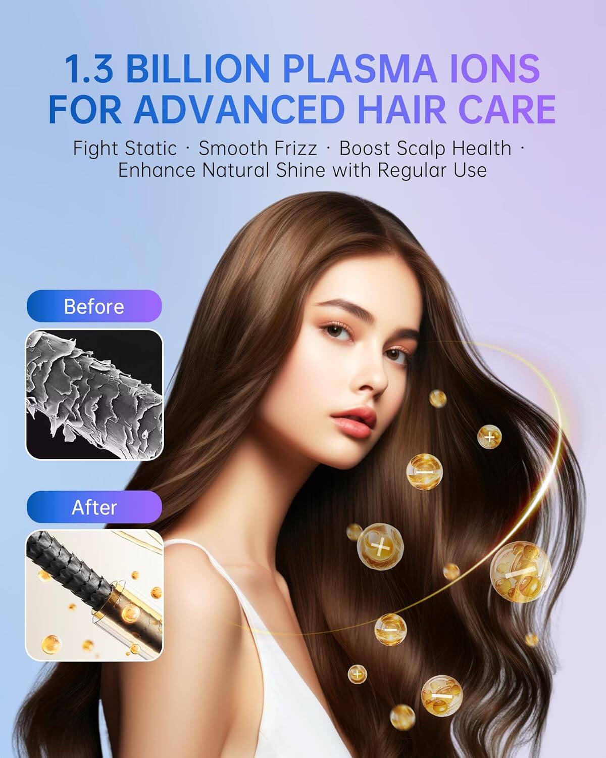 1.3 BILLION PLASMA IONS FOR ADVANCED HAIR CARE

Fight Static • Smooth Frizz • Boost Scalp Health • Enhance Natural Shine with Regular Use

Before

After