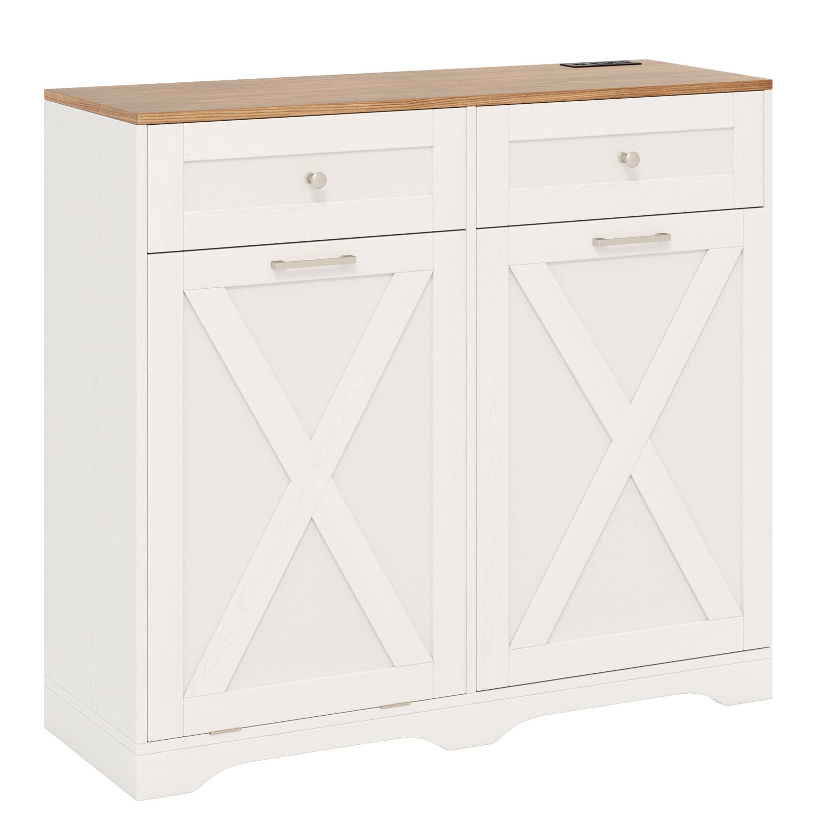 Alt View 9. Gymax - Gymax Tilt Out Trash Can Cabinet w/ Outlets 2 Drawers Adjustable Shelf Anti-Tipping Kit White & Walnut - White, Walnut.