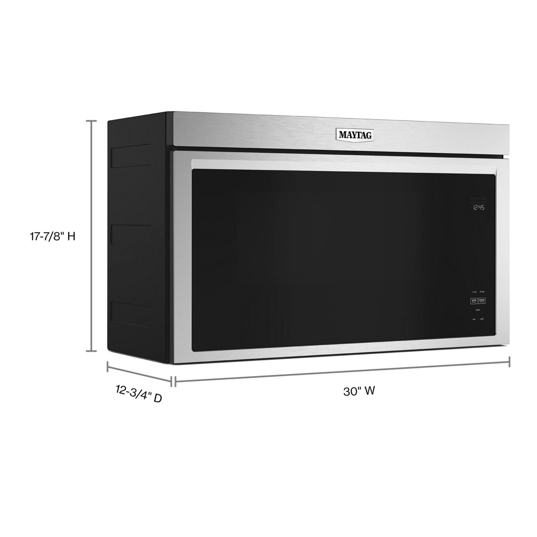 The text on the image reads "MAYTAG 12:45 17-7/8" H 12-3/4" D 30" W." This information is likely related to the dimensions and specifications of a Maytag appliance, such as a microwave or oven. The dimensions include the height, width, and depth of the appliance.