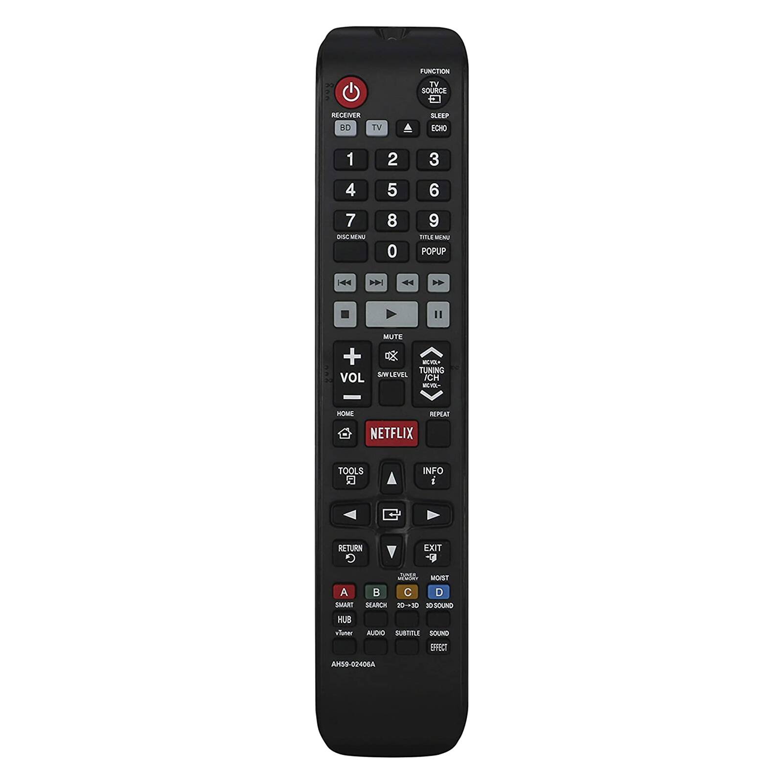 RECEIVER  
TV  
FUNCTION  
TV SOURCE  
SLEEP  
ECHO  
1  
2  
3  
4  
5  
6  
7  
8  
9  
0  
TITLE MENU  
POPUP  
DISC MENU  
MUTE  
VOL  
SW LEVEL  
MCV+  
TUNING  
MCV-  
HOME  
REPEAT  
NETFLIX  
TOOLS  
INFO  
RETURN  
EXIT  
COPPER  
MOET  
A  
B  
C  
D  
SMART  
SEARCH  
20-3D SOUND  
HUB  
vTuner  
AUDIO  
SUBTITLE  
SOUND EFFECT  
AH59-02406A