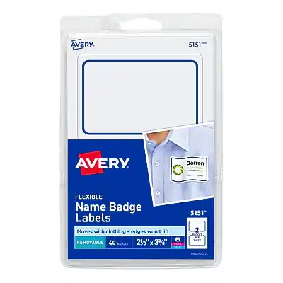 AVERY
5151
FLEXIBLE Name Badge Labels
Moves with clothing - edges won't lift
REMOVABLE
40 BADGES
2" x 3"
5151