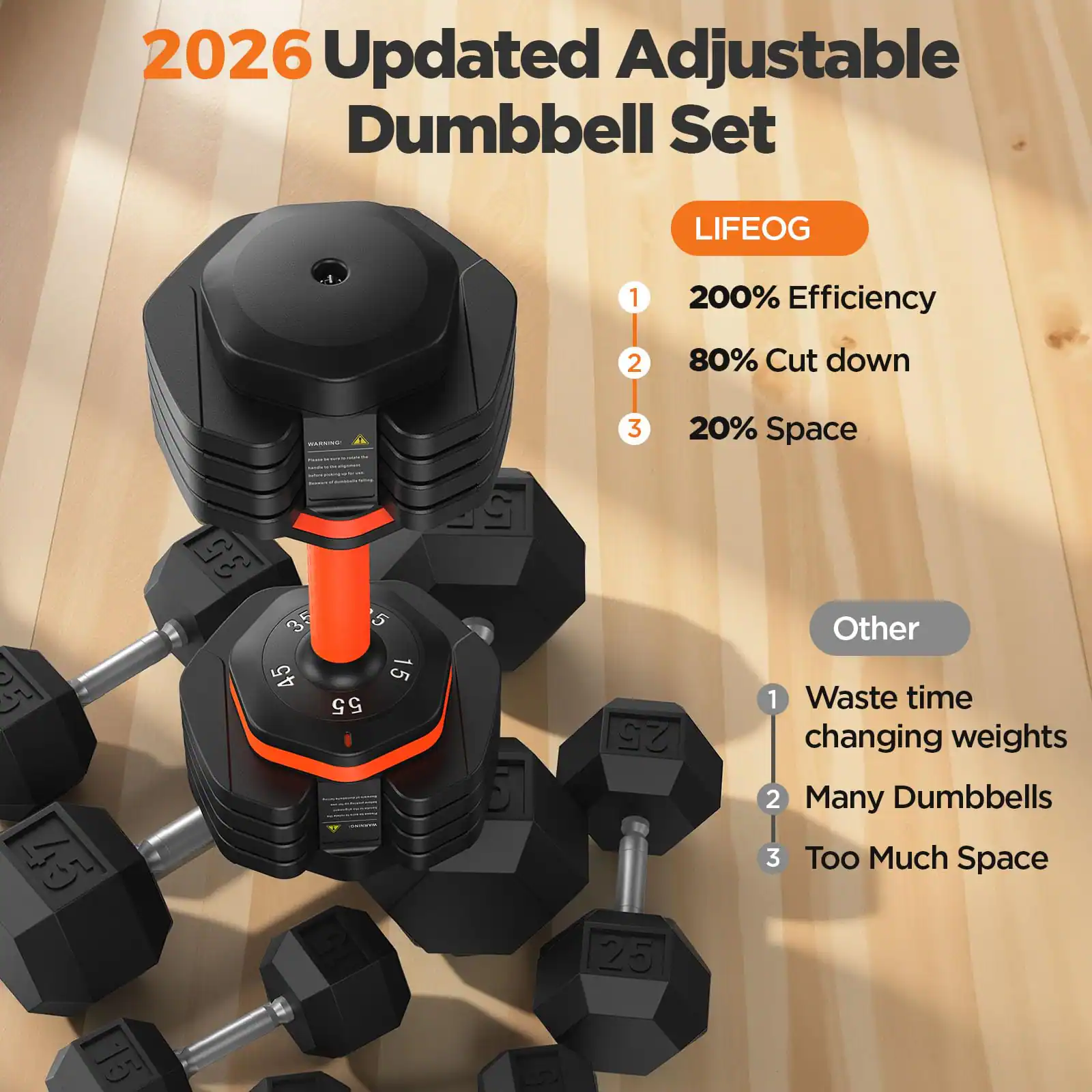 2026 Updated Adjustable Dumbbell Set

LIFEOG
1. 200% Efficiency
2. 80% Cut down
3. 20% Space

Other
1. Waste time changing weights
2. Many Dumbbells
3. Too Much Space