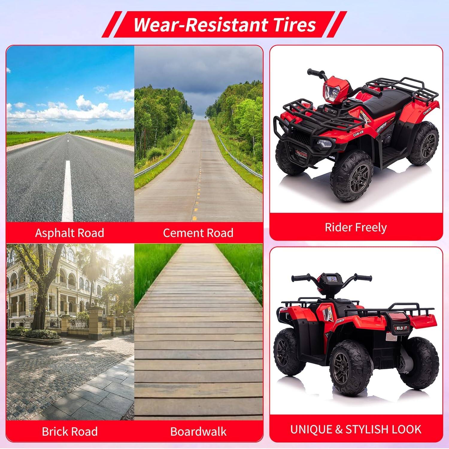 Wear-Resistant Tires

- Asphalt Road
- Cement Road
- Brick Road
- Boardwalk

Rider Freely

UNIQUE & STYLISH LOOK