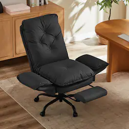 Bestier - Cross Legged Executive Office Chair, Velvet Ergonomic Desk Chair with Flip-Up Arms, Retractable Footrest & Side Pockets - Black PU Leather
