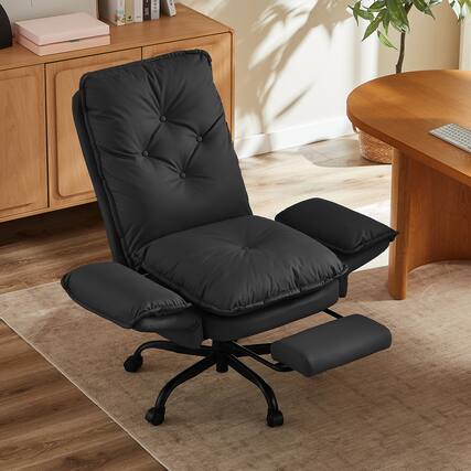 Front. Bestier - Cross Legged Executive Office Chair, Velvet Ergonomic Desk Chair with Flip-Up Arms, Retractable Footrest & Side Pockets - Black PU Leather.
