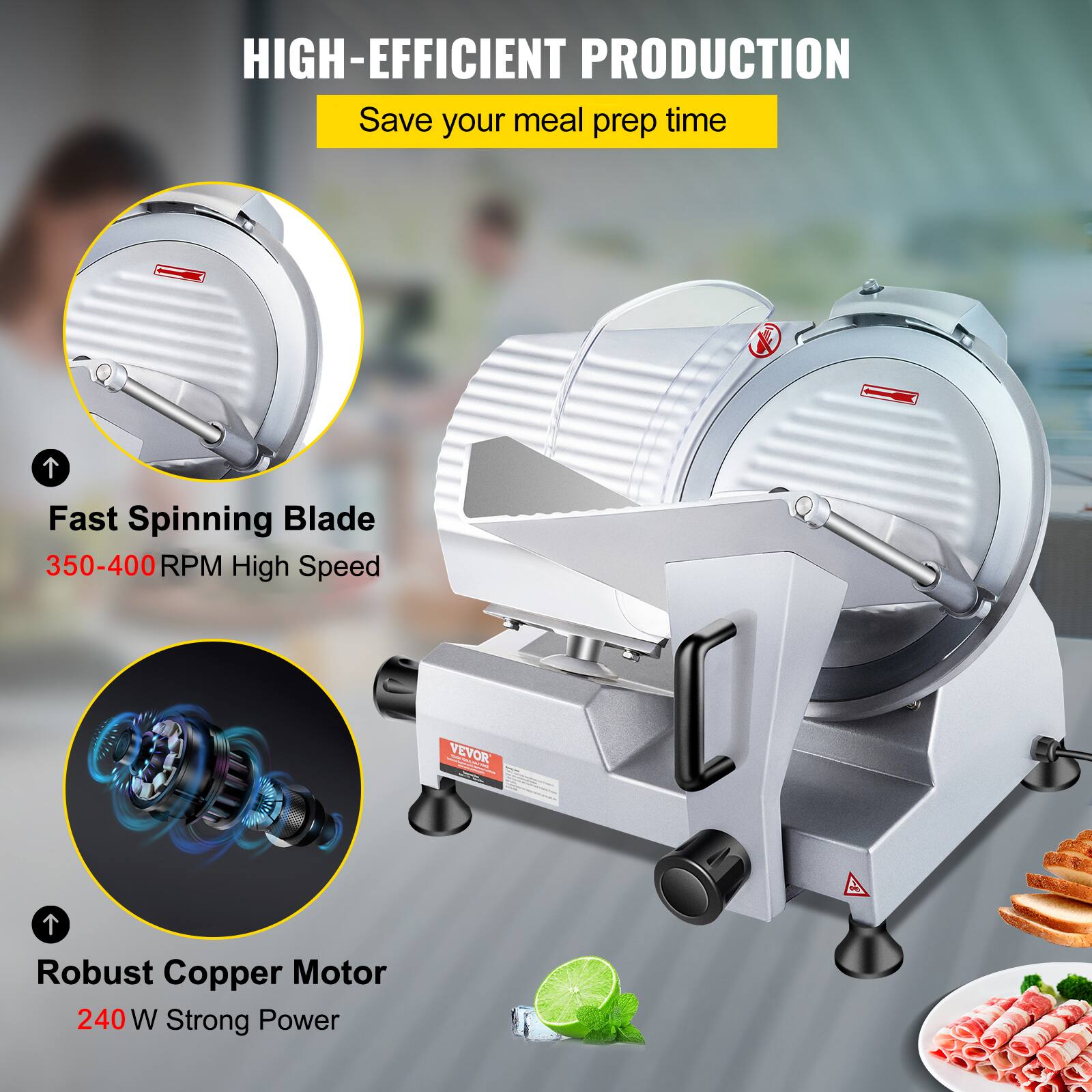 HIGH-EFFICIENT PRODUCTION  
Save your meal prep time  

Fast Spinning Blade  
350-400 RPM High Speed  

Robust Copper Motor  
240 W Strong Power