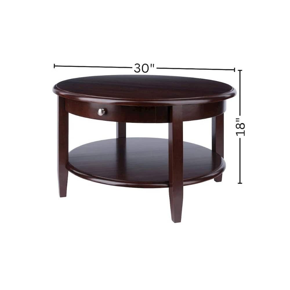 FurniFact - Round Coffee Table with Drawer & Shelf - Walnut