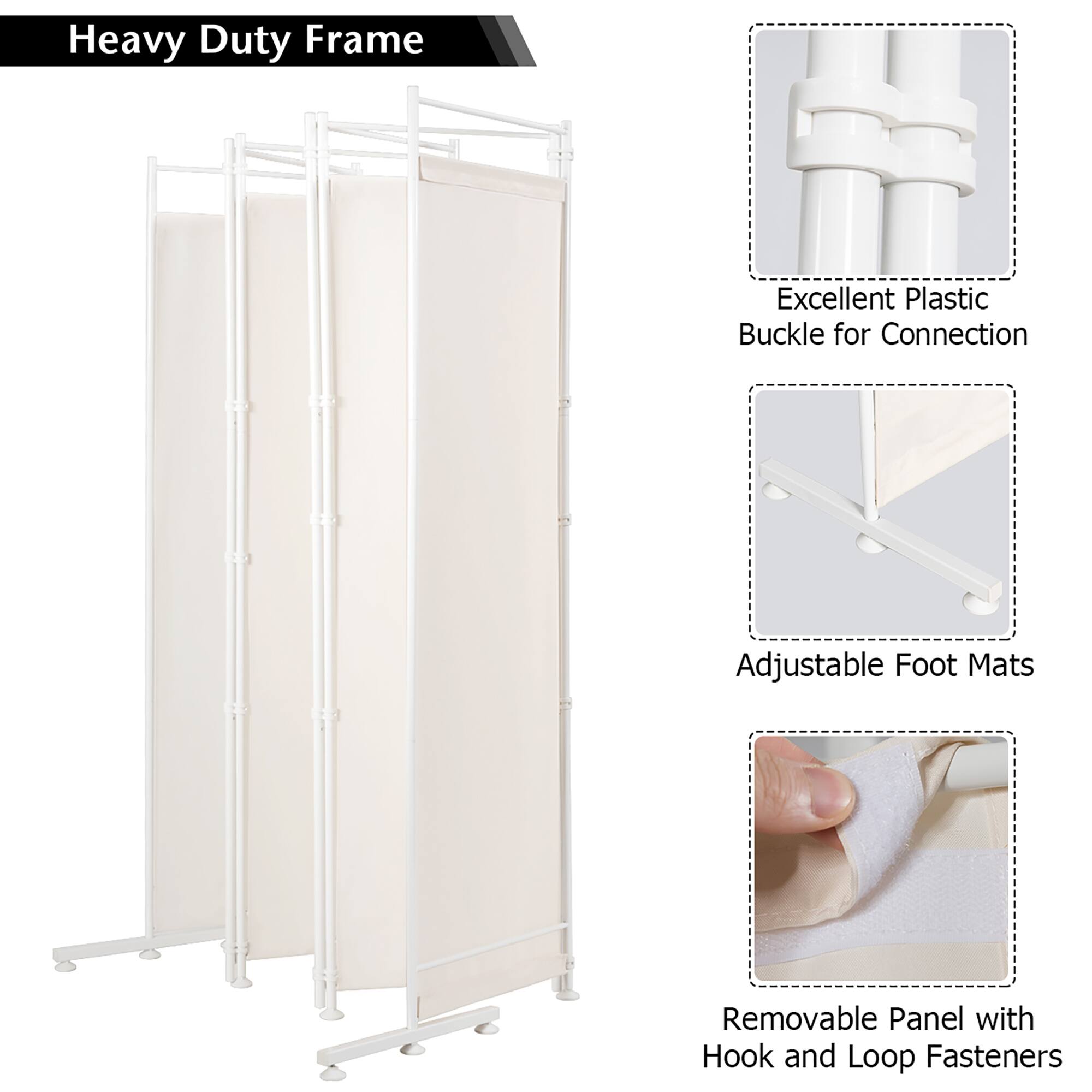Heavy Duty Frame  
Excellent Plastic Buckle for Connection  
Adjustable Foot Mats  
Removable Panel with Hook and Loop Fasteners