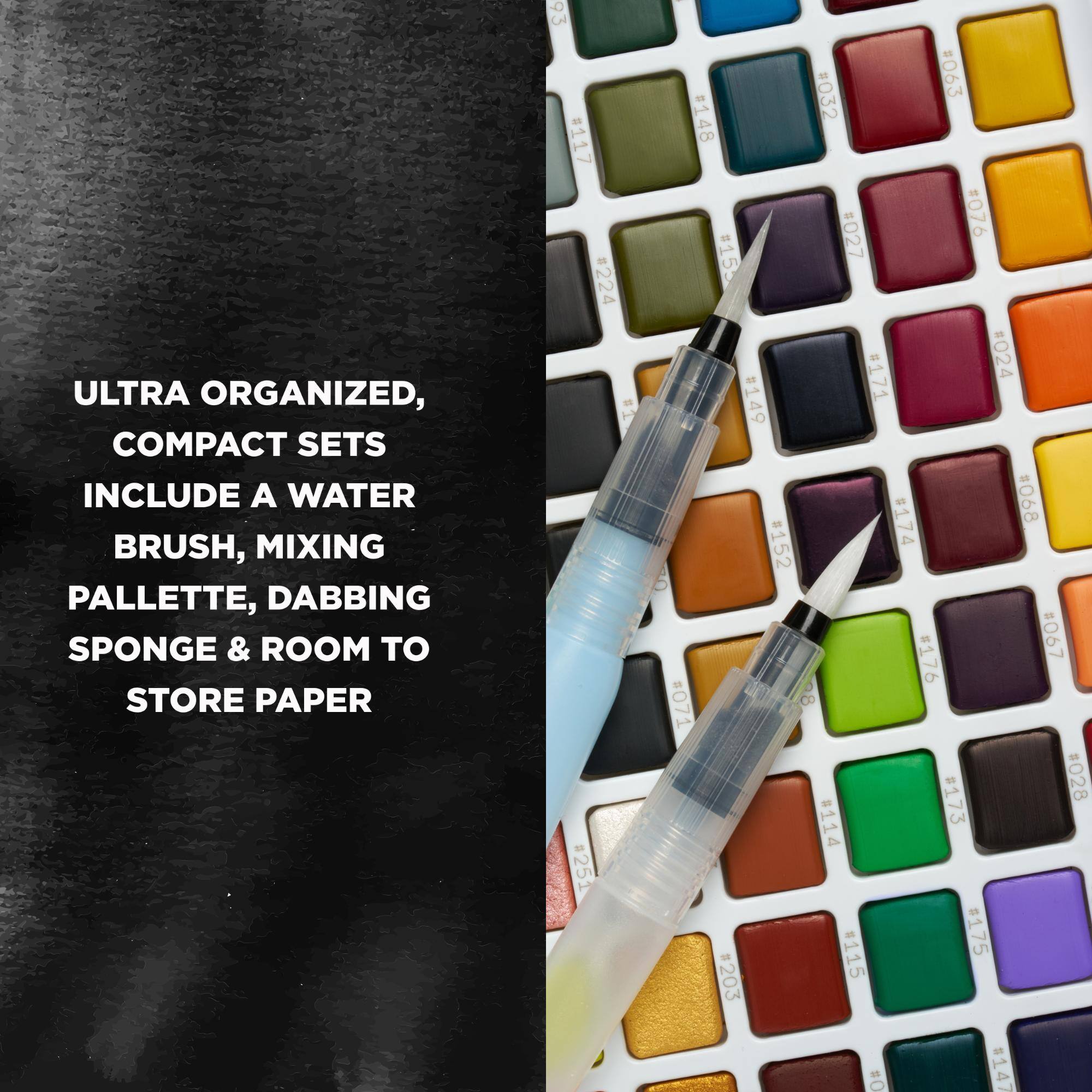 ULTRA ORGANIZED, COMPACT SETS INCLUDE A WATER BRUSH, MIXING PALLETTE, DABBING SPONGE & ROOM TO STORE PAPER