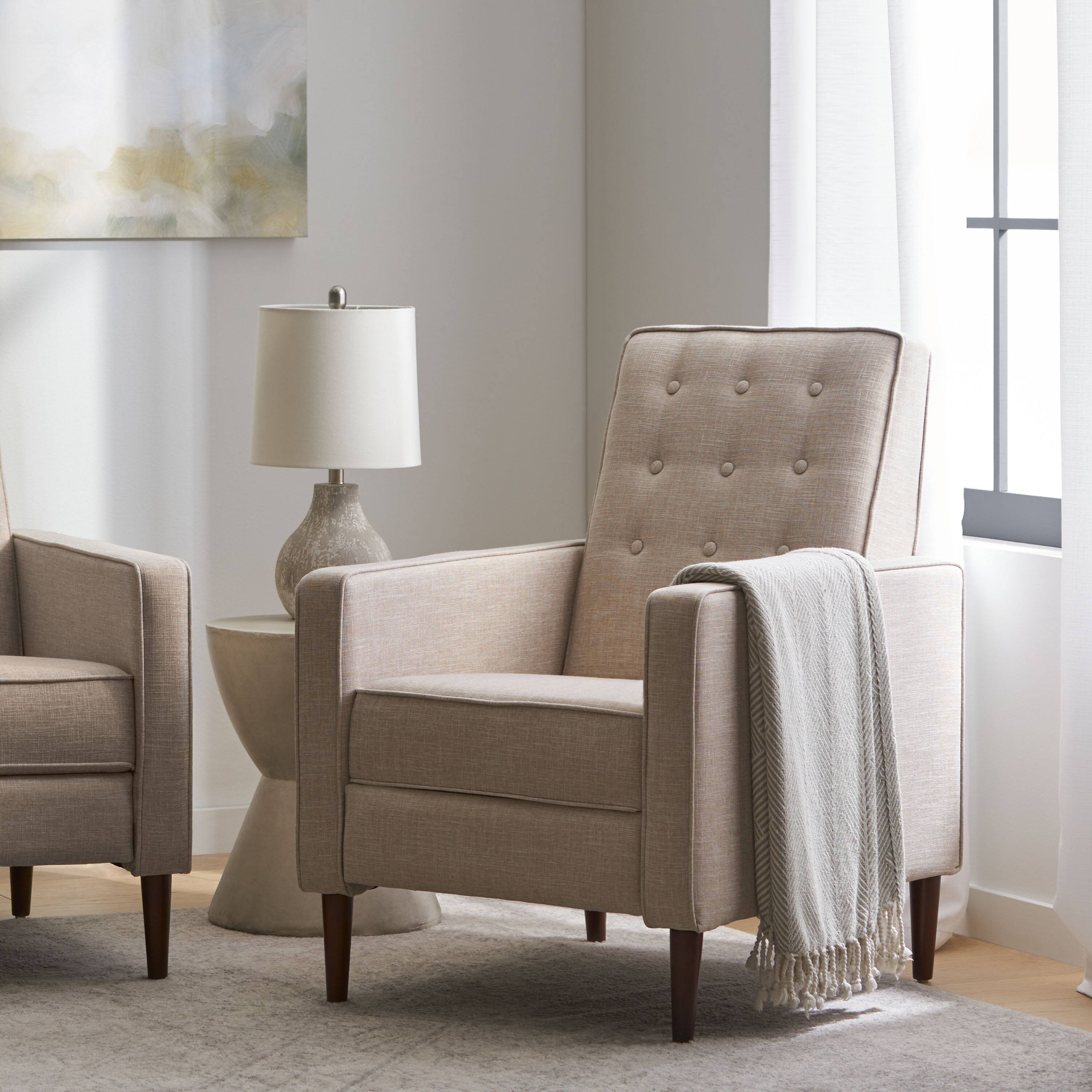 Alt View 4. APRILSOUL - Fabric Recliner Chair Mid Century Modern Pushback Single Sofa Thicker Cushion Tufted Wooden Leg - Brown.