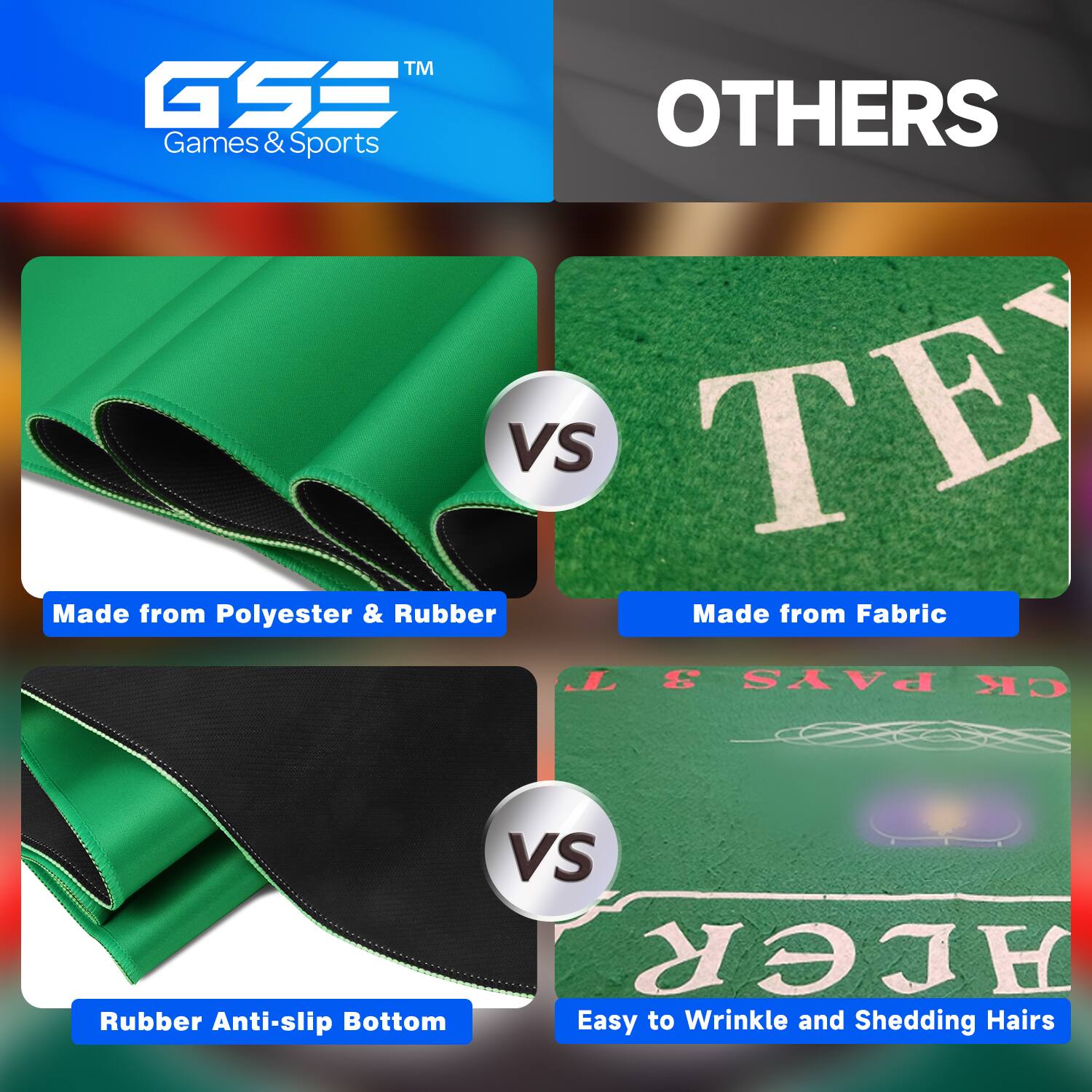 TM GSS OTHERS Games & Sports VS TE
Made from Polyester & Rubber VS Made from Fabric
Rubber Anti-slip Bottom VS Easy to Wrinkle and Shedding Hairs