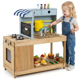 Costway - Mud Kitchen with Canopy, Fir Wood Play Kitchen Set for Boys & Girls with Water Tank - Natural & Blue
